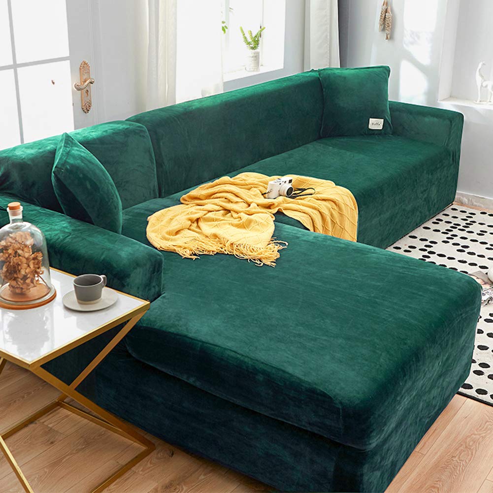 Velvet L-Shaped Sofa Cover - Stretchable, Washable & Sustainable Slipcover for Sectional Couches (4-Seater, 235~300cm/93~118in) - Perfect for Living Room Furniture Protection & Home Decor Refresh