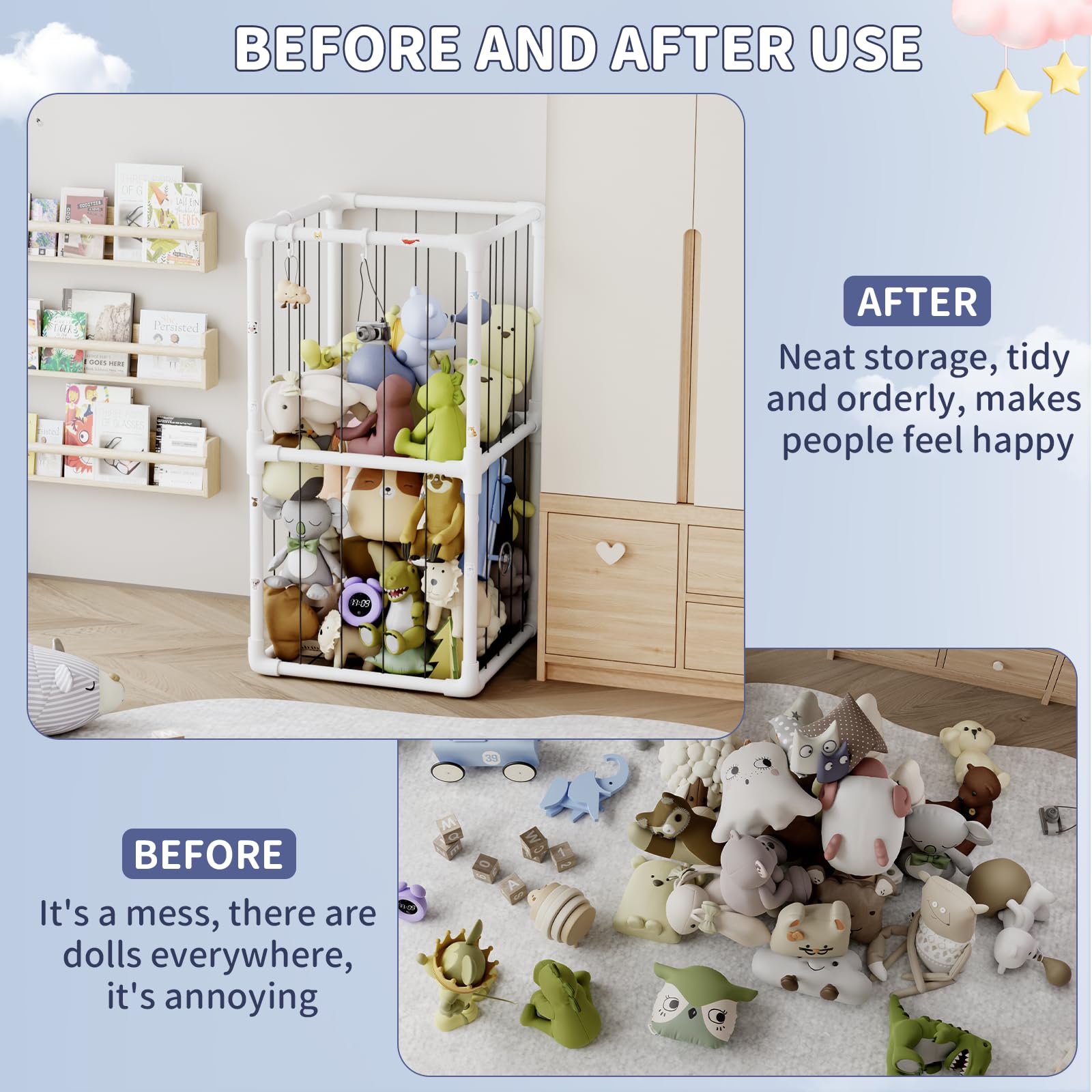 Soft Plush Toy Storage Organizer with Nets - Kids Stuffed Animal Zoo Holder Standing Shelf for Playroom & Nursery Decor - Durable Thick Tube Design for Toy Box & Room Organization