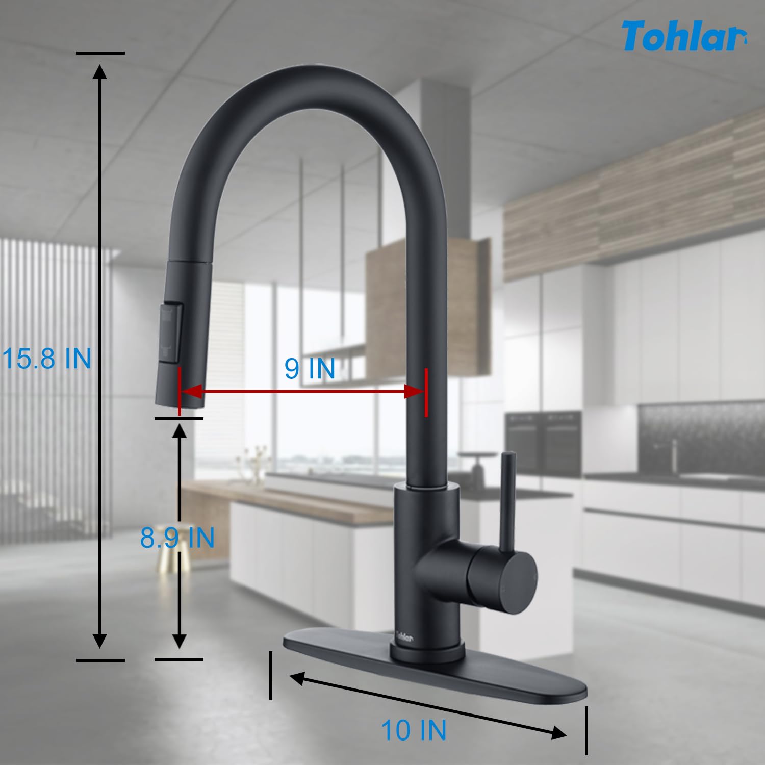 Tohlar Black Kitchen Faucet with Pull-Down Sprayer - Single Handle Modern Stainless Steel Sink Faucet with Deck Plate - Perfect for Home, Restaurant & Commercial Kitchen Use