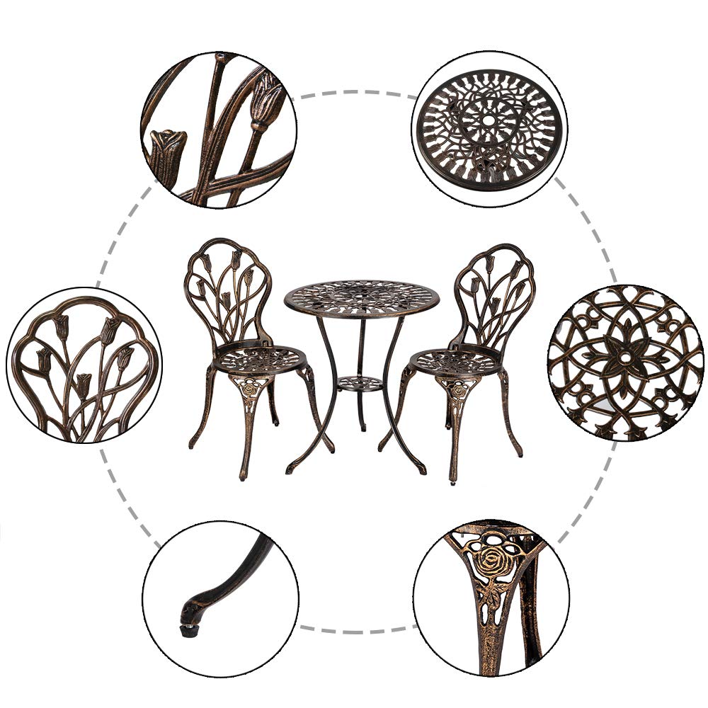 Vintage Wrought Iron Patio Furniture Set - 3-Piece Retro Tulip Design Copper Table & Chairs, Weather & Rust Resistant Outdoor Dining Set for Garden, Balcony, Backyard