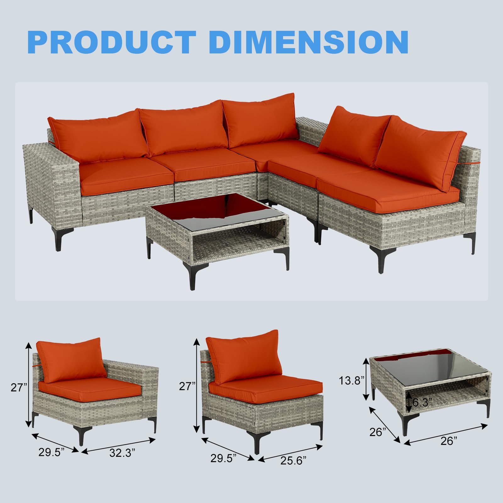 6-Piece Outdoor Sectional Sofa Set - All-Weather PE Rattan Wicker Patio Furniture with Thick Cushions for Poolside, Garden, Backyard - Orange | Perfect for Outdoor Entertaining, Lounging & Relaxation