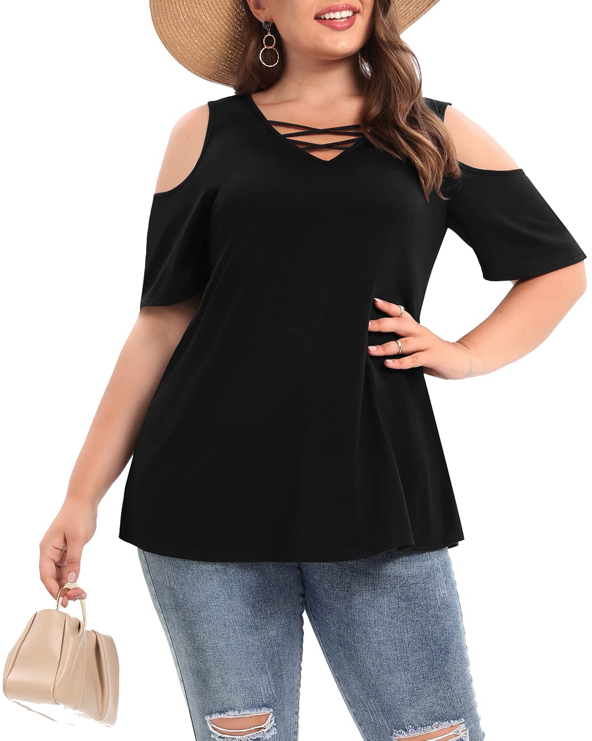 Plus Size Women's Cold Shoulder Tunic Tops - Short Sleeve Criss Cross V Neck T-Shirts for Casual Wear & Summer Outfits