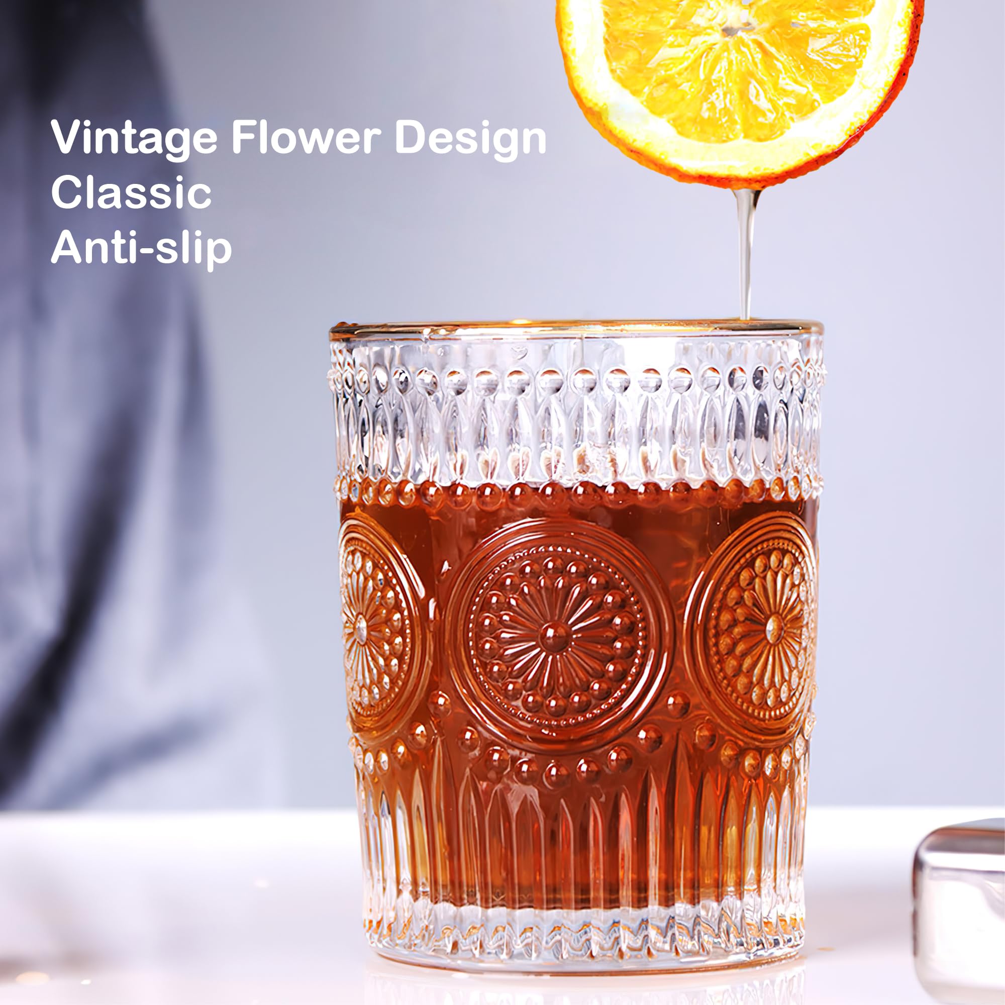 Vintage Drinking Glasses Set of 6 - 10 oz Gold Rim Retro Flower Water Glasses for Coffee, Juice, Whisky, Beer & Cocktail | Elegant Glassware Cups & Small Cute Tumblers | Perfect for Home Bar, Dinner Parties & Vintage-Themed Events