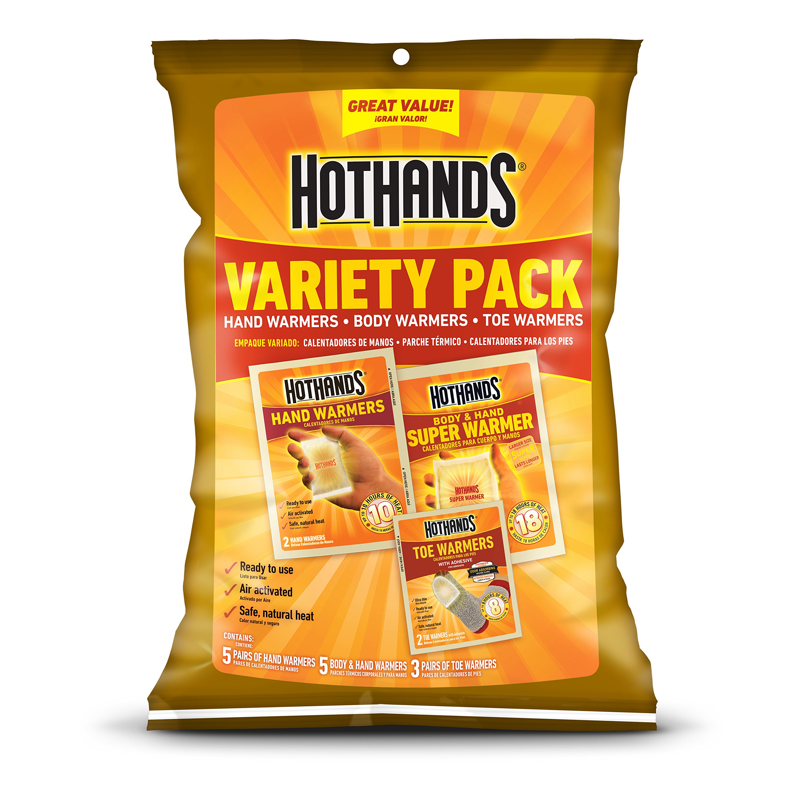 HotHands Toe, Hand & Body Warmer Variety Pack - Long-Lasting Air-Activated Heat Pads for Winter Outdoor Activities, Hunting, Camping & Cold Weather Comfort