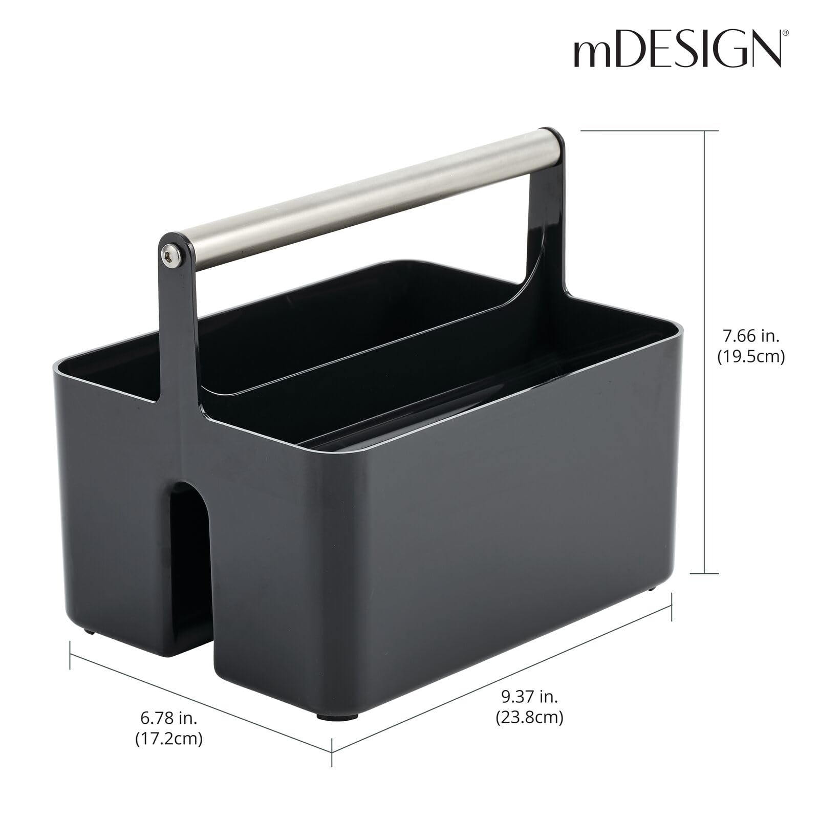 mDesign Plastic Shower Caddy Organizer with Metal Handle - Bathroom Storage Basket for Soap, Shampoo & Conditioner - Utility Tote for Dorm, Kitchen & Bath - Aura Collection in Black/Brushed Chrome - Perfect for Small Space Organization & Travel Essentials