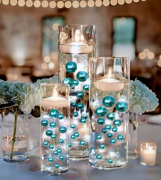 300 Large Floating Turquoise Blue Pearls with Transparent Water Gel Kit - Best Floating Effect for Vases (Fills 4 Gallons) & 12 White Submersible Fairy Lights - Perfect for Wedding Centerpieces, Home Decor, and DIY Floral Arrangements