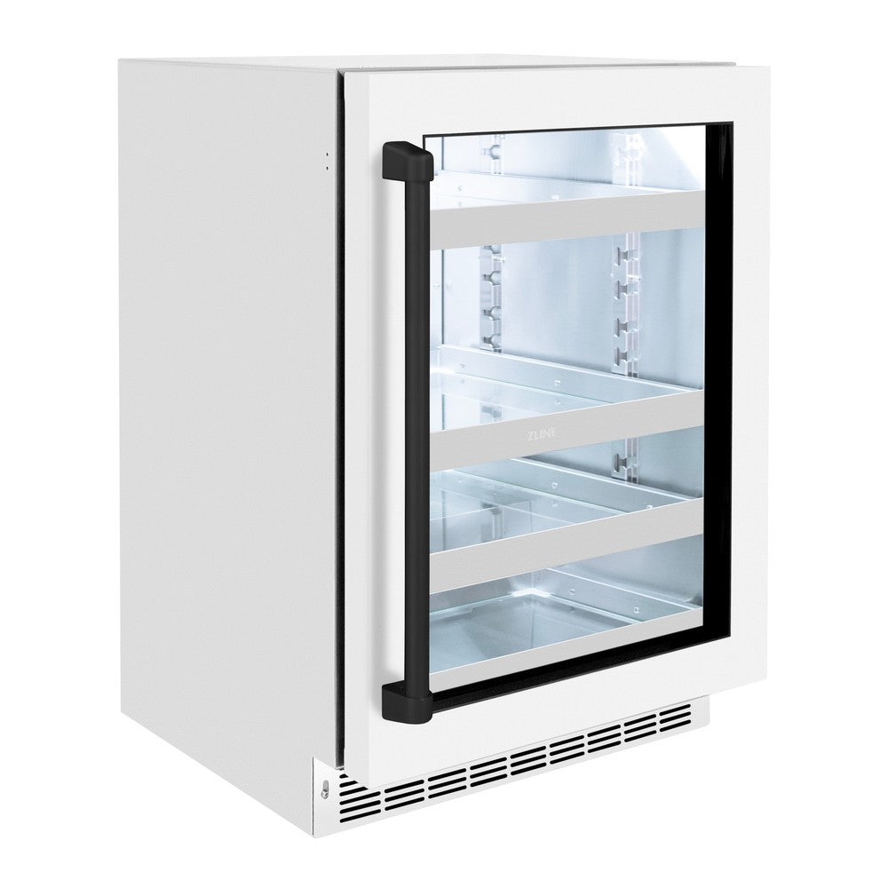ZLINE Autograph Edition 24 Inch Touchstone 151 Can Beverage Refrigerator - White Matte Glass Door with Matte Black Handle - Compact Drink Cooler for Home Bar, Office, or Man Cave (RBSOZ WM 24 MB)