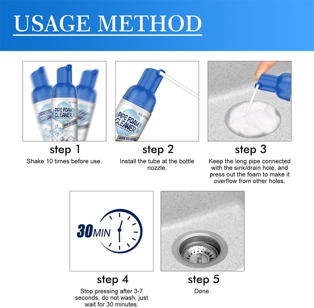 Yugou 2 Pack Drain Cleaner Foam - Powerful Clog Remover for Sinks, Showers & Bathtubs - Fast Acting Pipe Unclogger - Eliminates Hair, Grease & Soap Scum - Perfect for Kitchen & Bathroom Drain Maintenance
