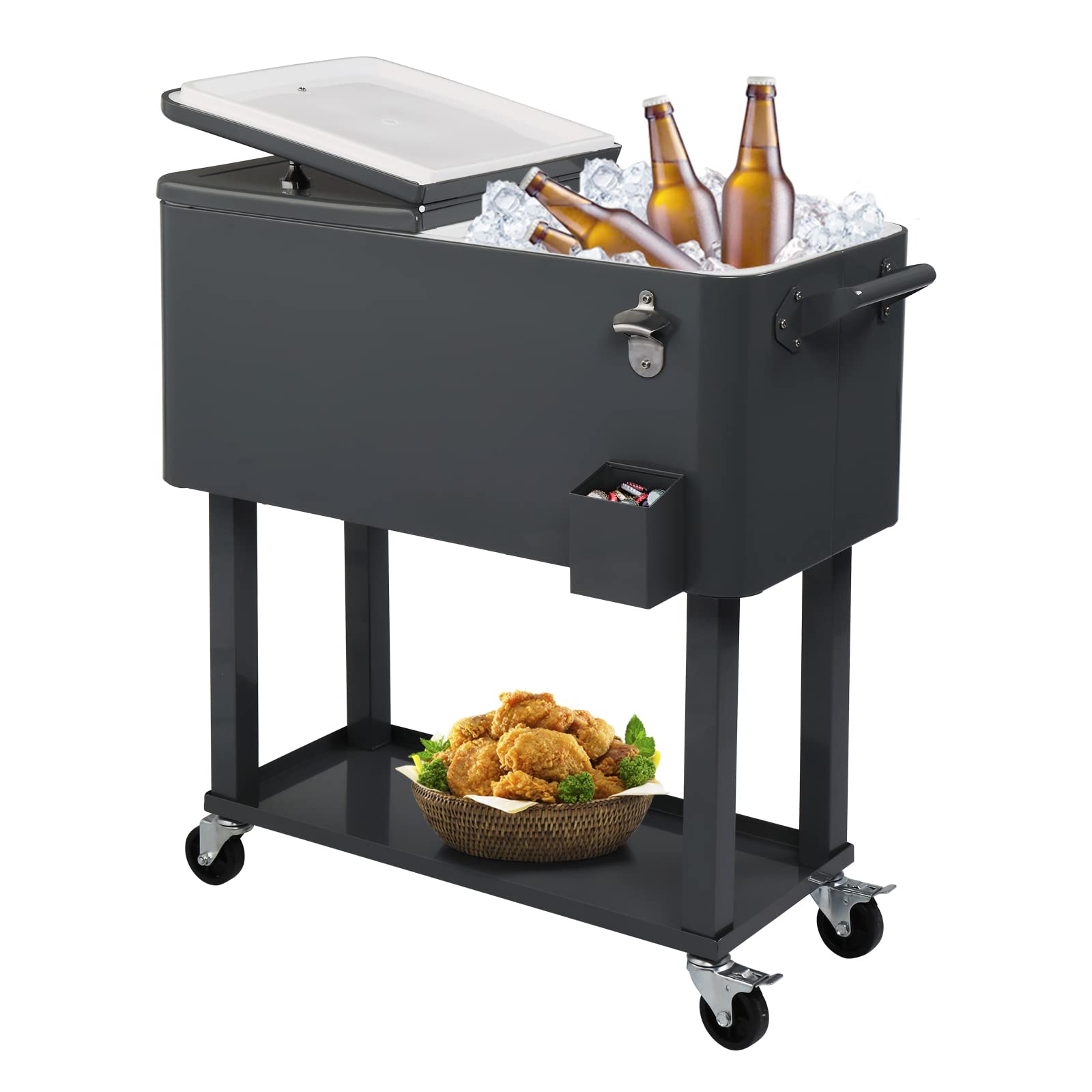 80 Quart Rolling Ice Chest with Wheels - Portable Outdoor Party Bar Cart for Cold Drinks & Beverages - Dark Brown Wicker Faux Rattan Cooler Trolley - Perfect for Backyard BBQs, Beach Trips & Tailgating