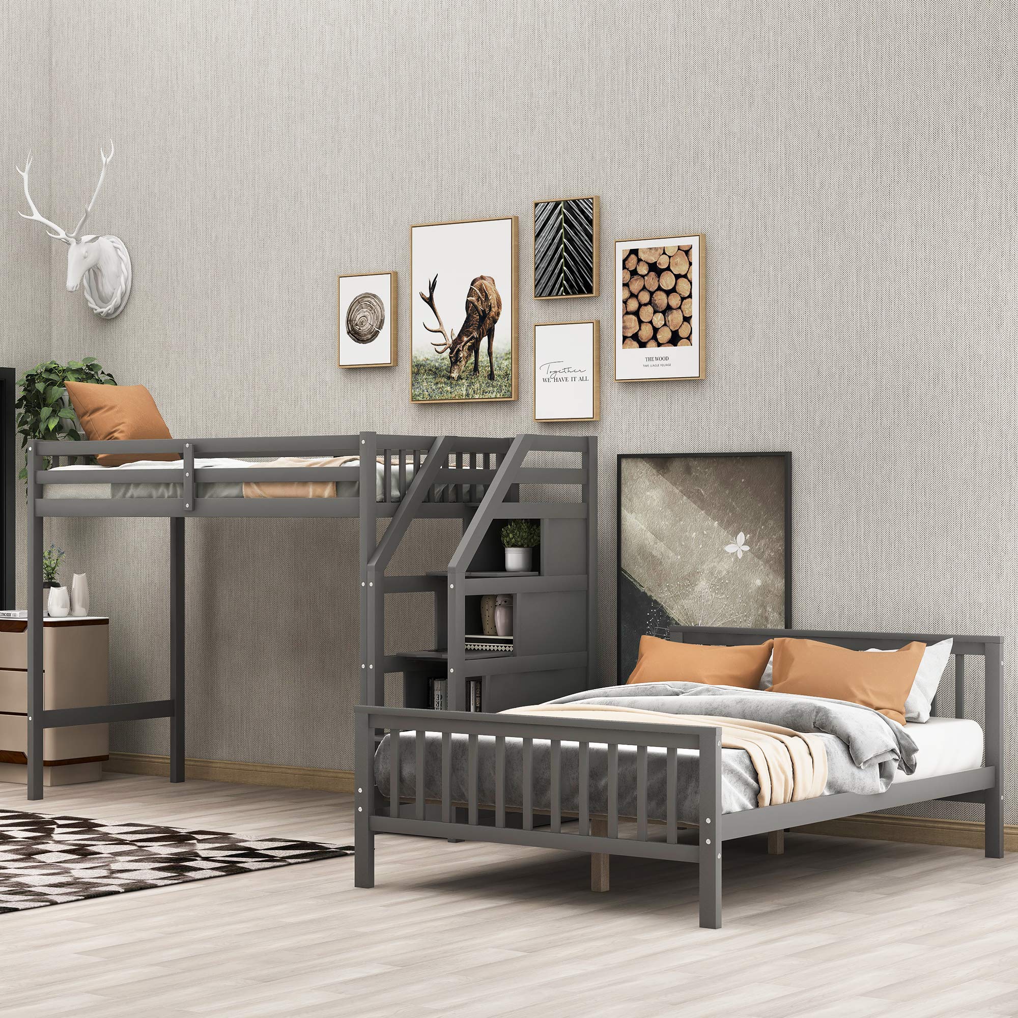 Knocbel Twin Over Full Loft Bed with Ladder - Solid Wood Platform Bed Frame with Slats Support, Guard Rails & 3 Storage Compartments - 450 lbs Weight Capacity (Espresso Finish) - Perfect for Kids Rooms, Small Apartments & Dorm Rooms