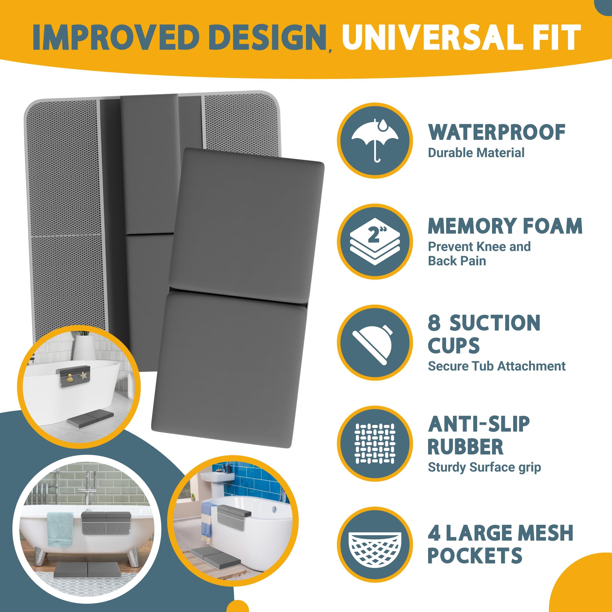 2-Inch Thick Memory Foam Bath Kneeler & Elbow Rest Pad Set - Waterproof Cushion for Baby Bath Time with Bathtub Toy Organizer - Perfect for Safe & Comfortable Infant Bathing & Toddler Care