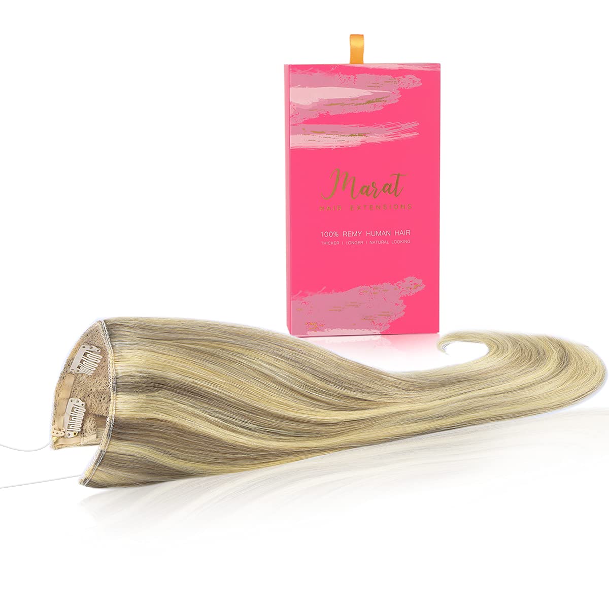 Marat 18-Inch 95g Light Blonde Highlighted Golden Blonde Remy Human Hair Extensions with Invisible Fish Wire - Real Human Hair Clip-Ins for Volume & Length - Perfect for Parties, Weddings & Daily Styling