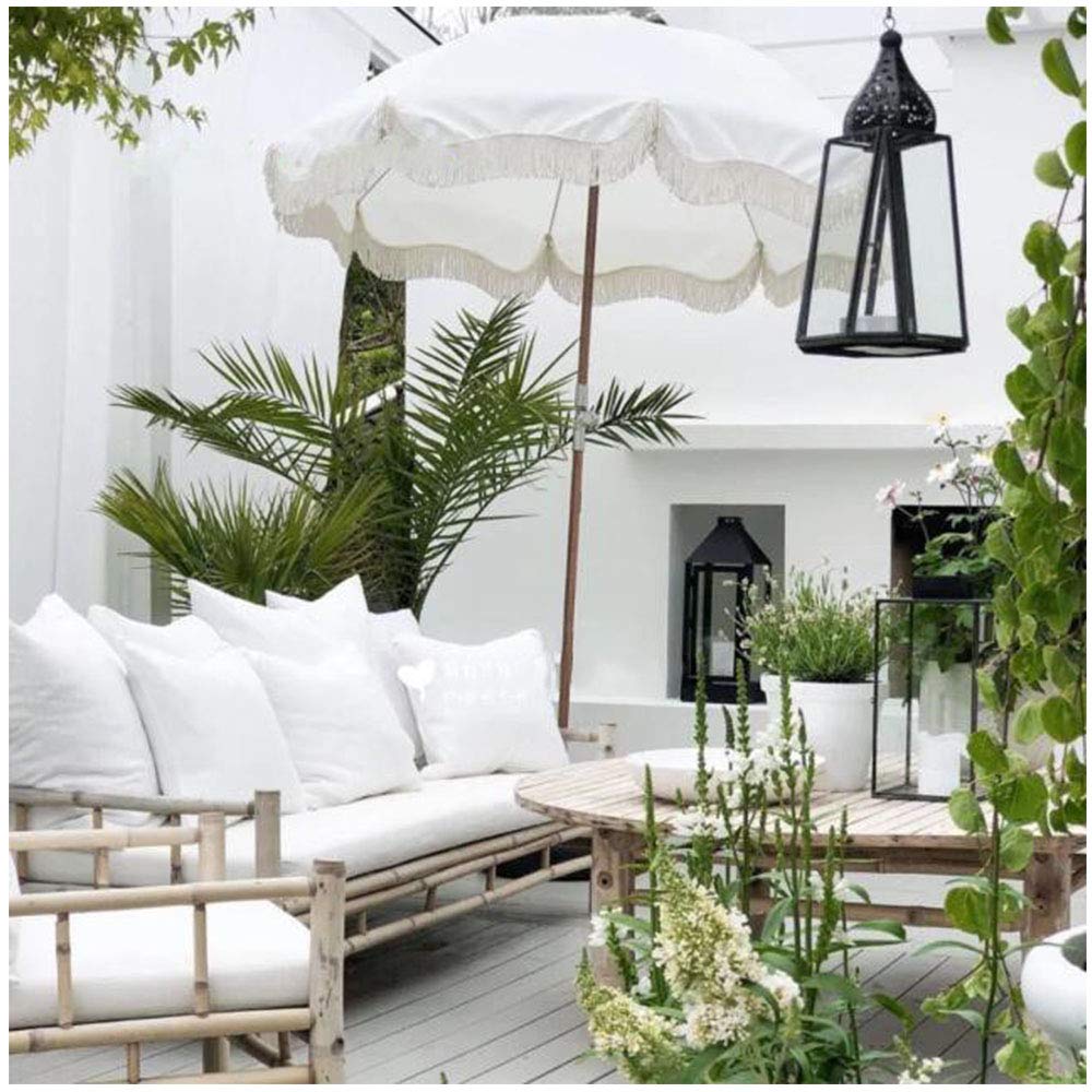 Y&J 1.8m (71in) Outdoor Tilt Beach Parasol with UV Protection - White Patio Umbrella with Tassel Design, 2.45m (96.4in) Height for Garden, Poolside, and Outdoor Dining (Base Not Included)