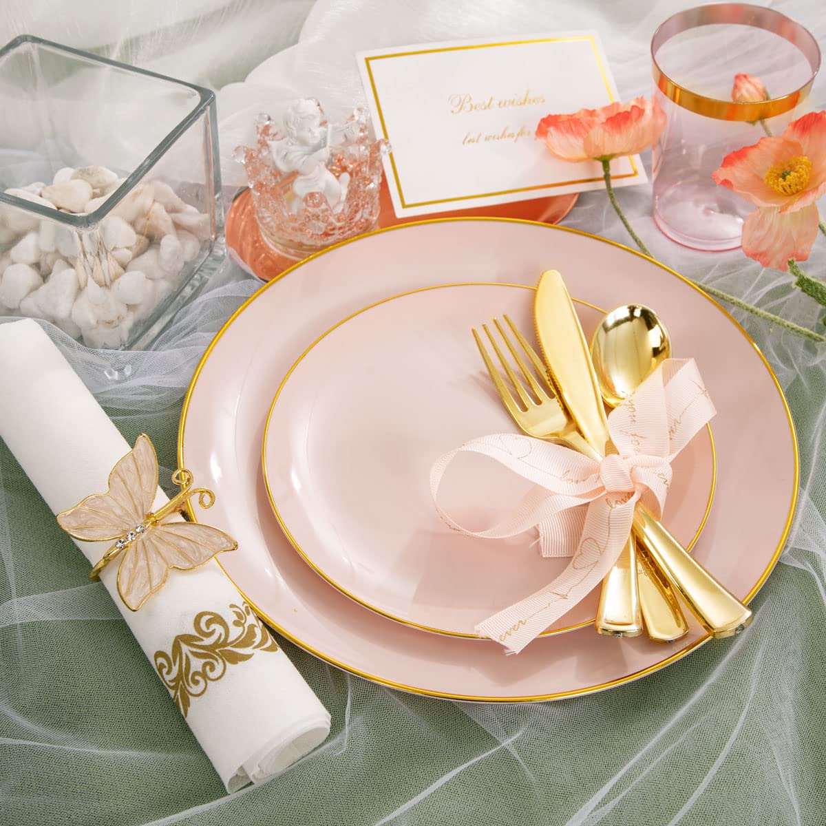 210-Piece Pink Plastic Dinnerware Set with Gold Silverware - Includes 30 Dinner Plates, 30 Dessert Plates, 90 Gold Cutlery, 30 Gold Cups & 30 Napkins - Elegant Pink & Gold Tableware for Mother's Day, Bridal Showers & Birthday Parties
