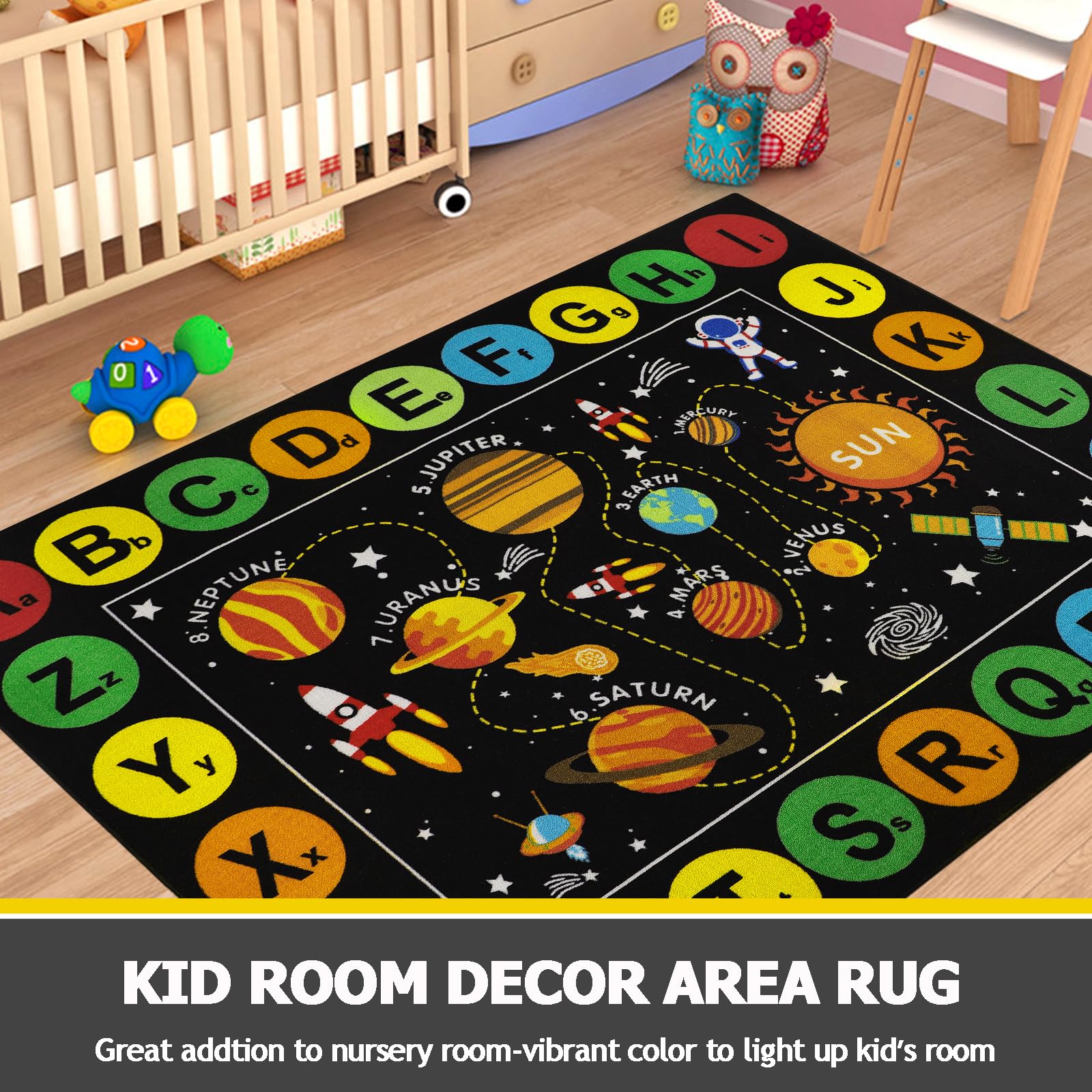 Non-Slip Solar System ABC Alphabet Play Mat for Toddlers - Outer Space Nursery Rug for Baby Boys & Girls, 5'x6.6' Black - Perfect for Bedroom, Playroom & Nursery Decor | Educational Kids Carpet for Learning Planets & Stars