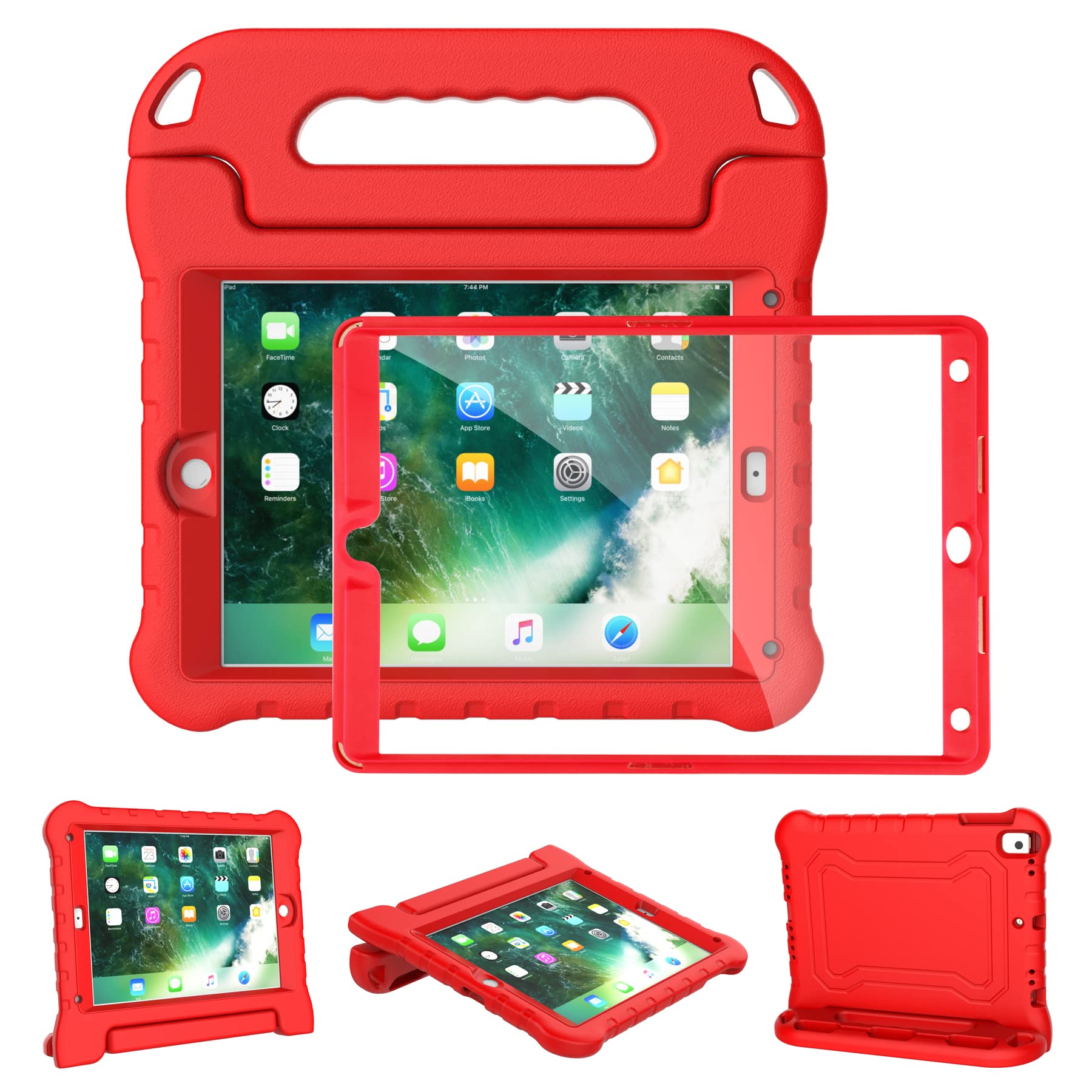 Shockproof Kids iPad Case for iPad 6th/5th Gen (2018/2017), iPad Air 2/Air 1 & iPad Pro 9.7 Inch - Built-in Screen Protector & Pencil Holder with Handle Stand Cover (Red) - Perfect for School, Travel & Home Learning