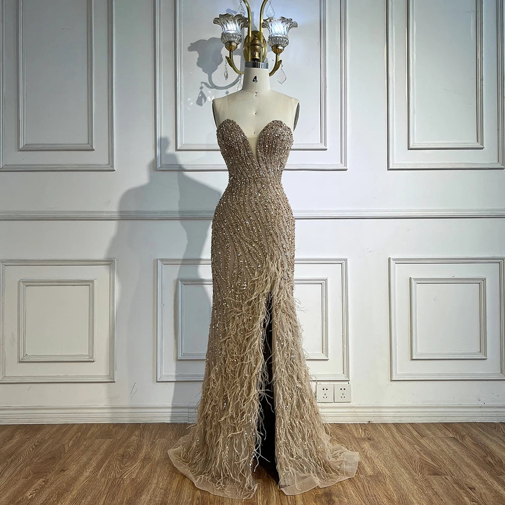 Elegant Blue Feather Beaded Evening Gown with Side Slit - LA72695 | Perfect for Prom, Gala & Formal Events