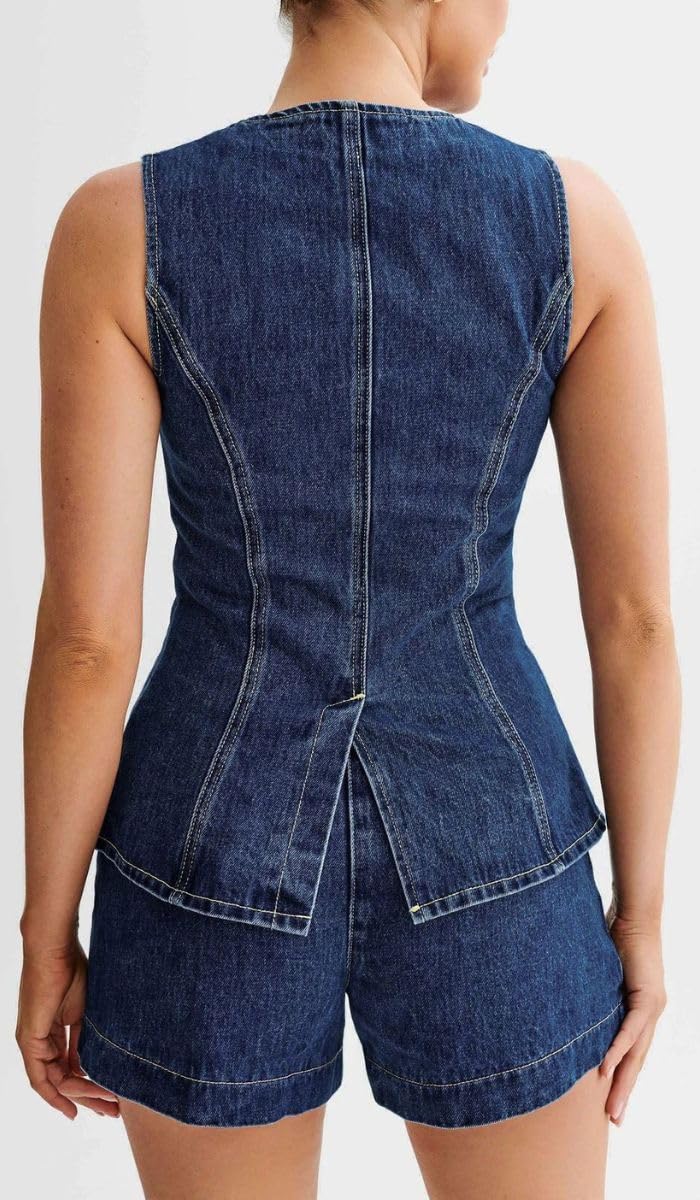 Women's Denim 2 Piece Set - Sleeveless Jean Blazer Vest & Shorts Outfit for Casual & Business Wear | Summer Street Style, Office Outfits, Weekend Brunch Looks