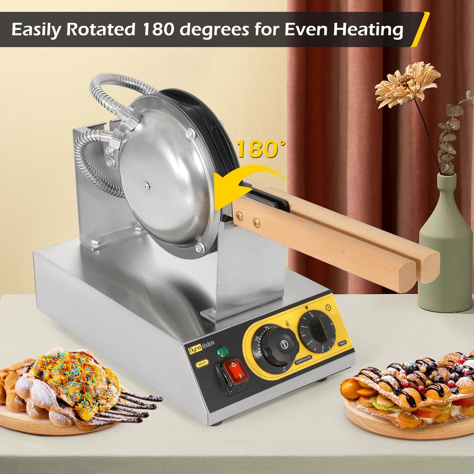 Dyna-Living 1400W Commercial Bubble Waffle Maker - Electric Stainless Steel Egg Waffle Machine with 180° Rotation & Non-Stick Coating - Perfect for Restaurants, Cafes & Home Breakfast (Hong Kong Style Egg Puff)
