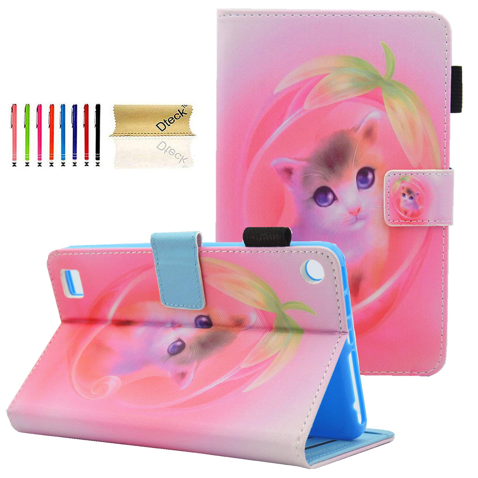 Dteck Protective Case for Amazon Kindle Fire 7 Inch Tablet (9th/7th/5th Gen, 2019/2017/2015) - Multi-Angle Stand Smart Wallet Cover with Auto Wake/Sleep - Pink Cat Design - Perfect for Reading, Travel & Home Use