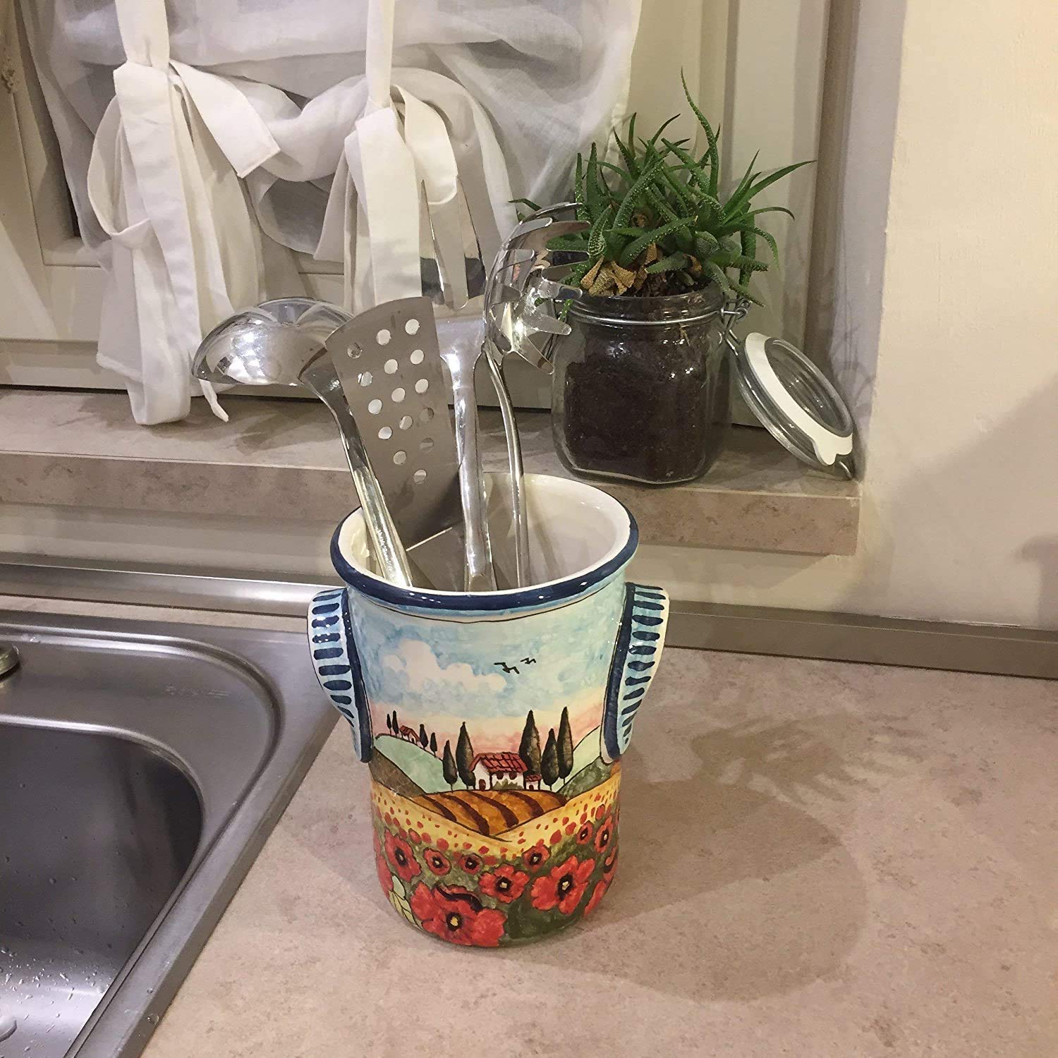 Hand-Painted Italian Ceramic Utensil Holder & Wine Bottle - Tuscan Landscape with Poppies Design - Art Pottery Made in Italy - Perfect for Kitchen Decor & Wine Storage