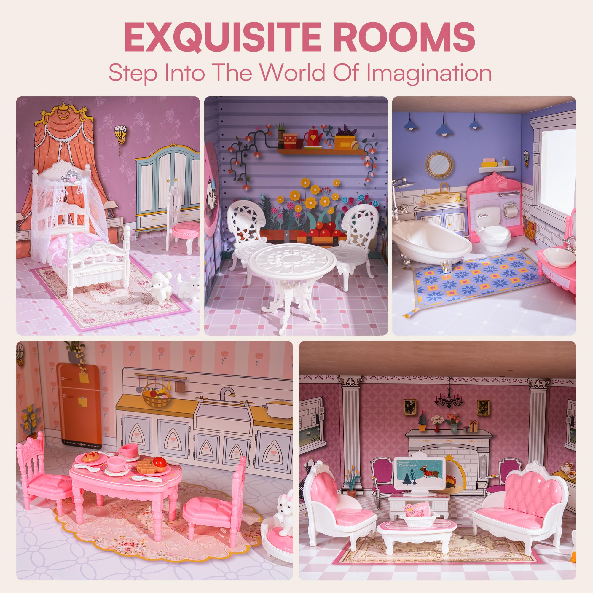 ROBUD 3-Story Wooden Dollhouse Playset with 24 PCS Furniture - 5 Room Pretend Play Toy for Kids, Toddlers & Girls | Perfect for Imaginative Play, Birthday Gifts & Early Childhood Development