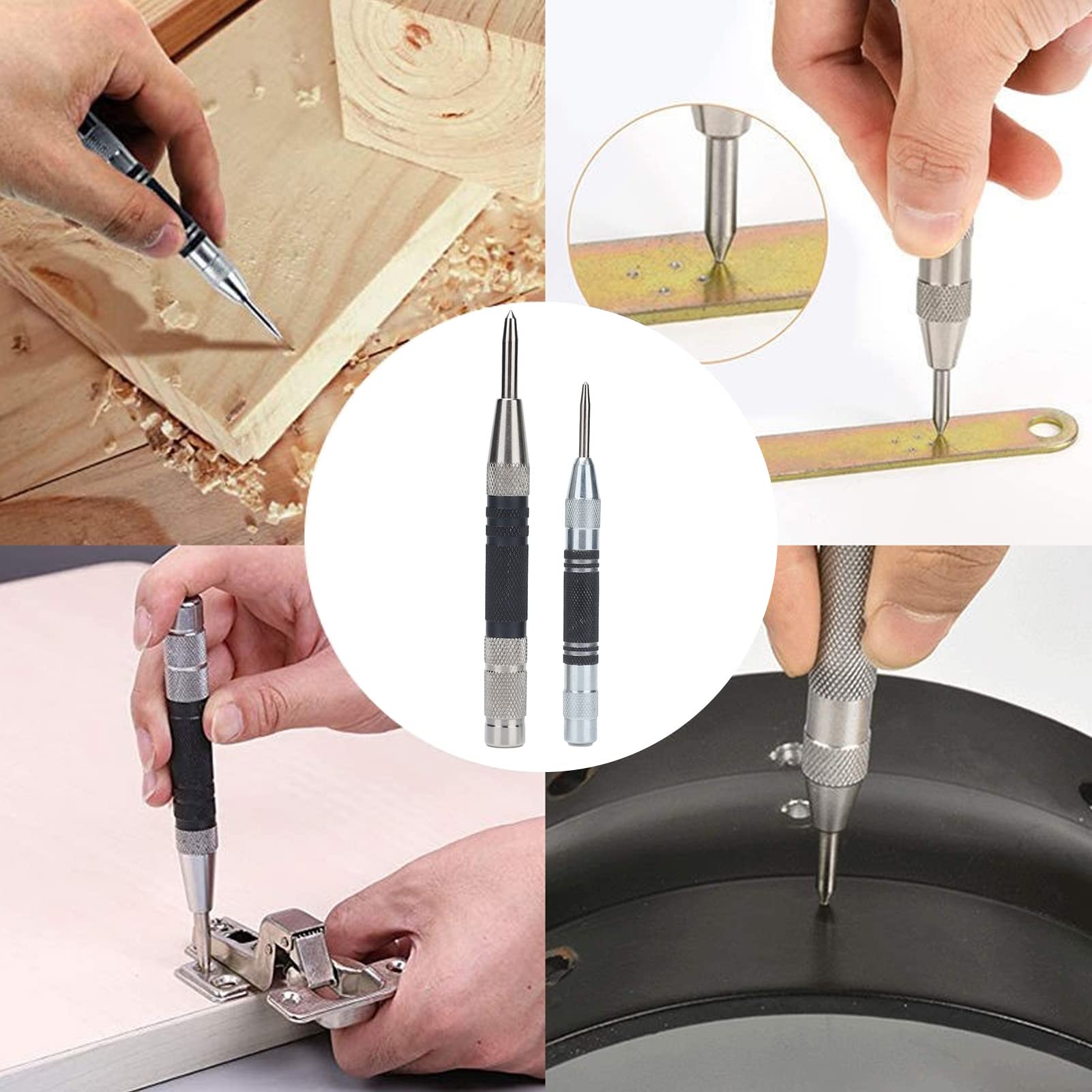 2-Piece Automatic Center Punch Set with Adjustable Tension - Precision Woodworking Hole Puncher for Carpentry, Metalworking & DIY Projects | Perfect for Drilling, Positioning & Marking