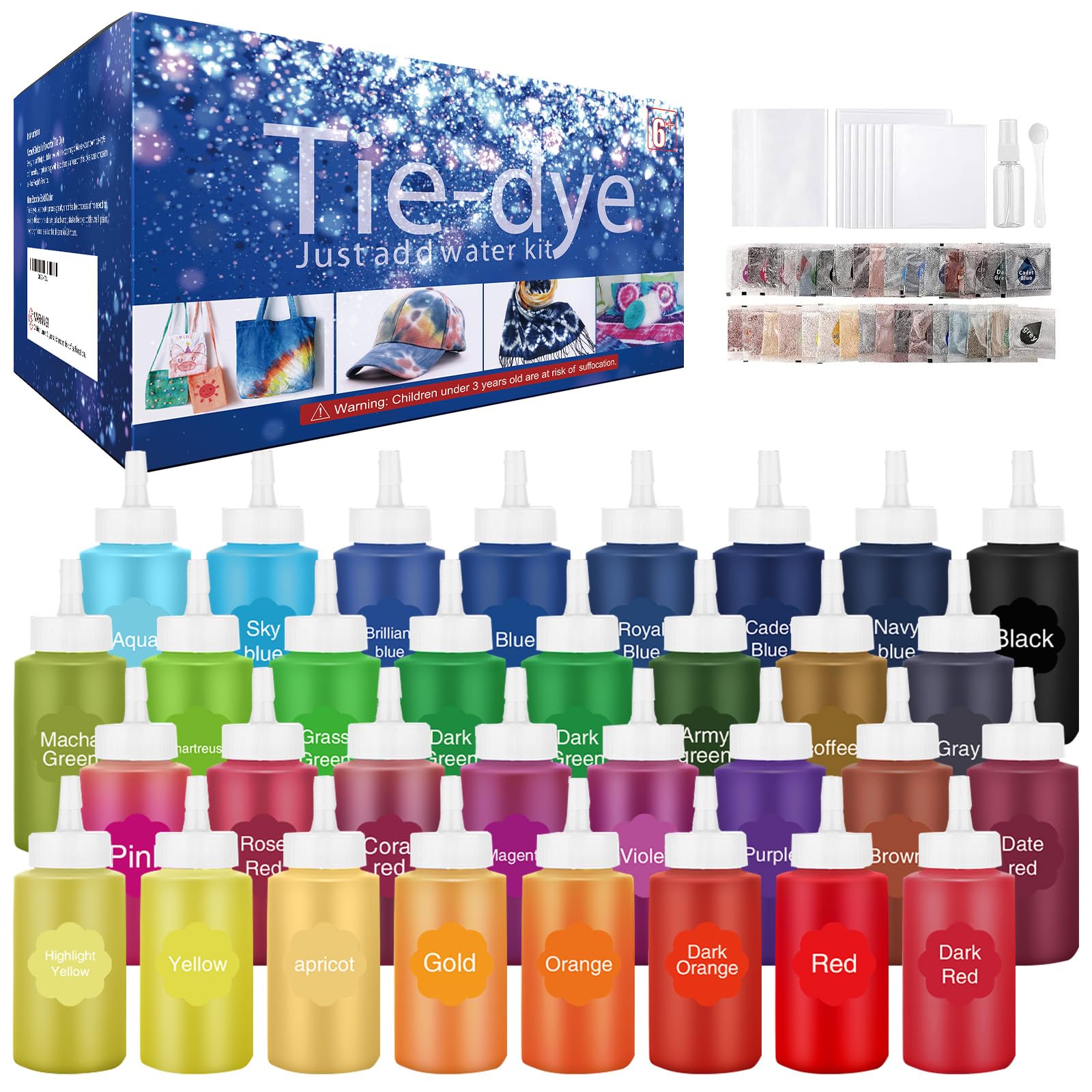 32-Color Tie Dye Kit for Fabric - All-in-One Permanent Clothing Dye Set for Kids & Adults | DIY Neon Tie Dye Supplies for Group Crafts, Birthday Parties & Summer Camp Activities | Perfect for T-Shirts, Tote Bags & Socks