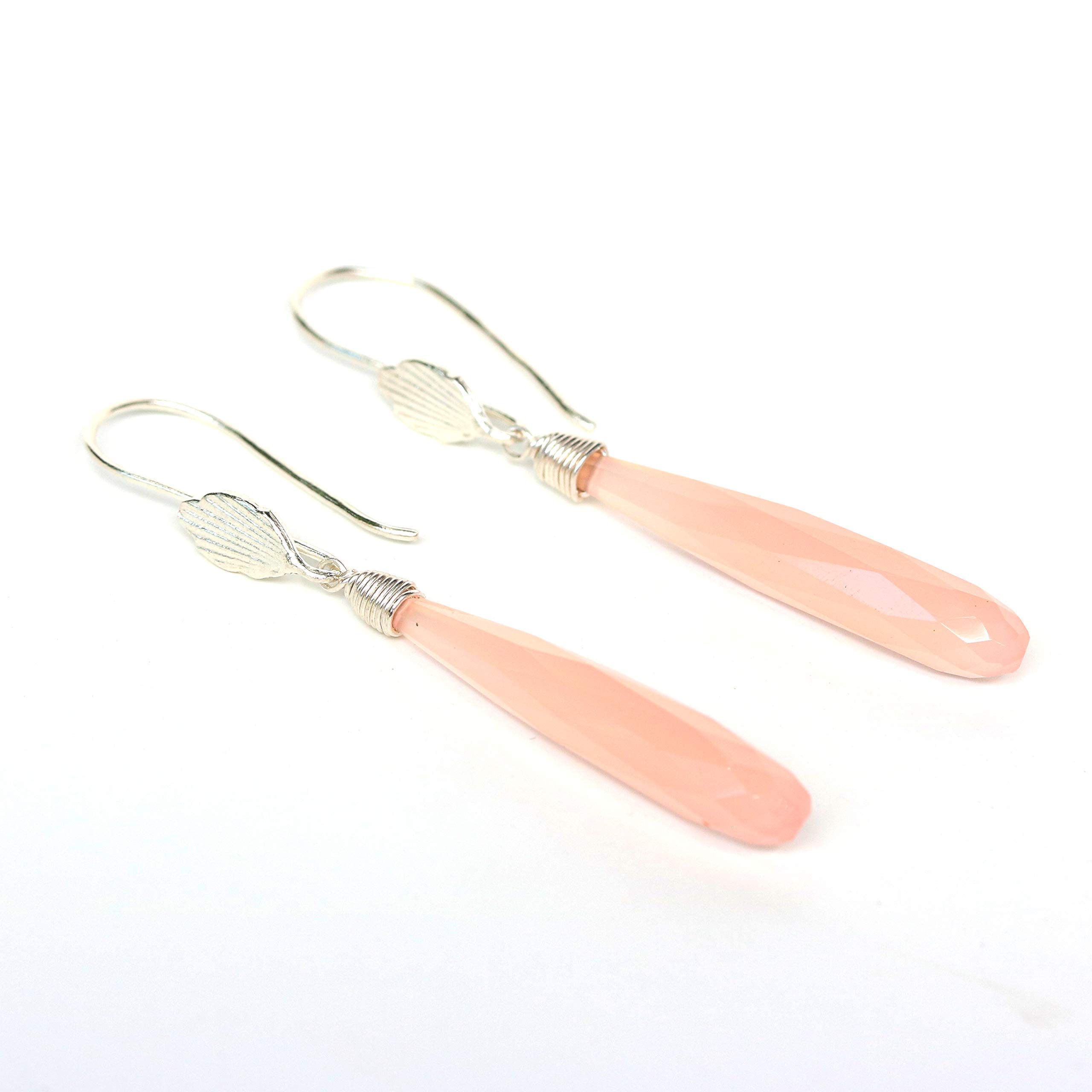 Pink Chalcedony Earrings with Sterling Silver Wire Wrap & Leaf Design - Elegant Dangle Earrings for Women, Perfect for Parties, Weddings & Everyday Wear