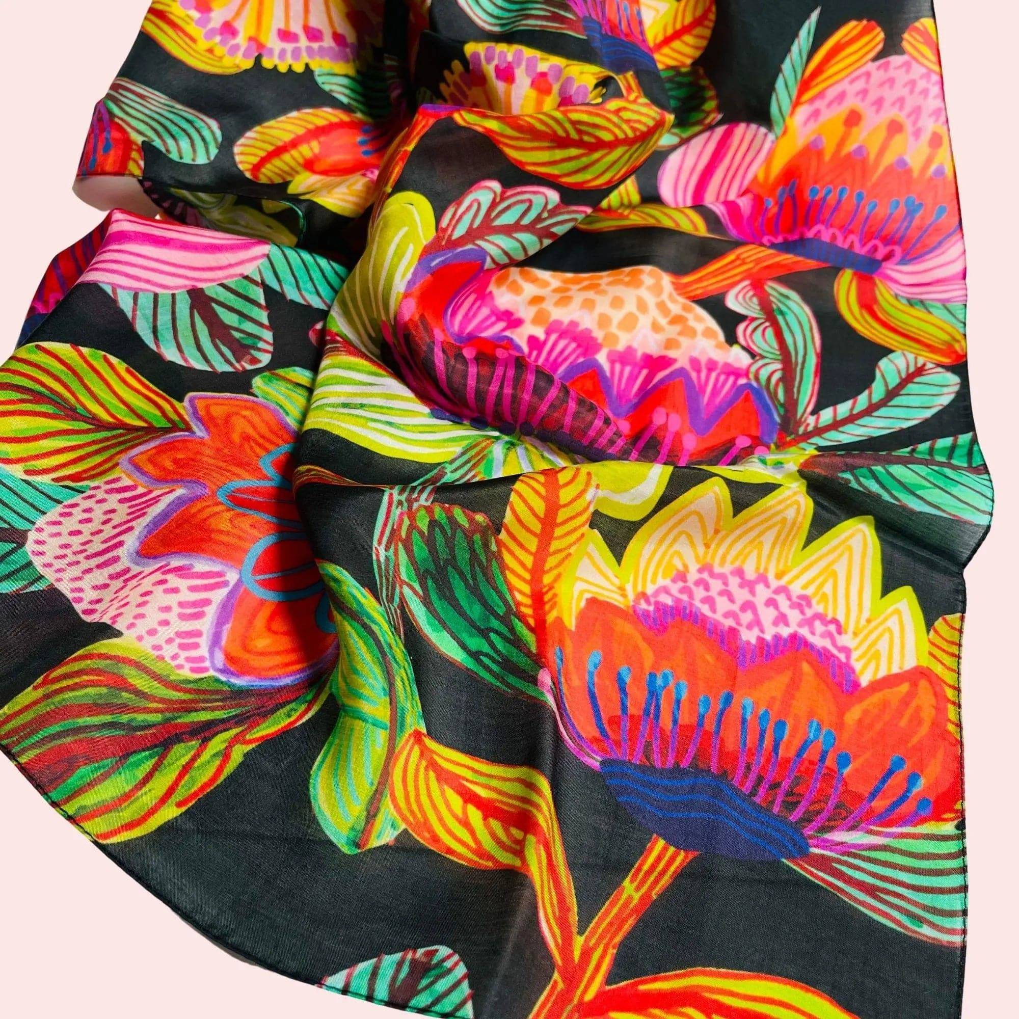 Protea Australis Silk Scarf - Elegant Floral Printed Womens Fashion Accessory for Parties, Weddings & Special Occasions