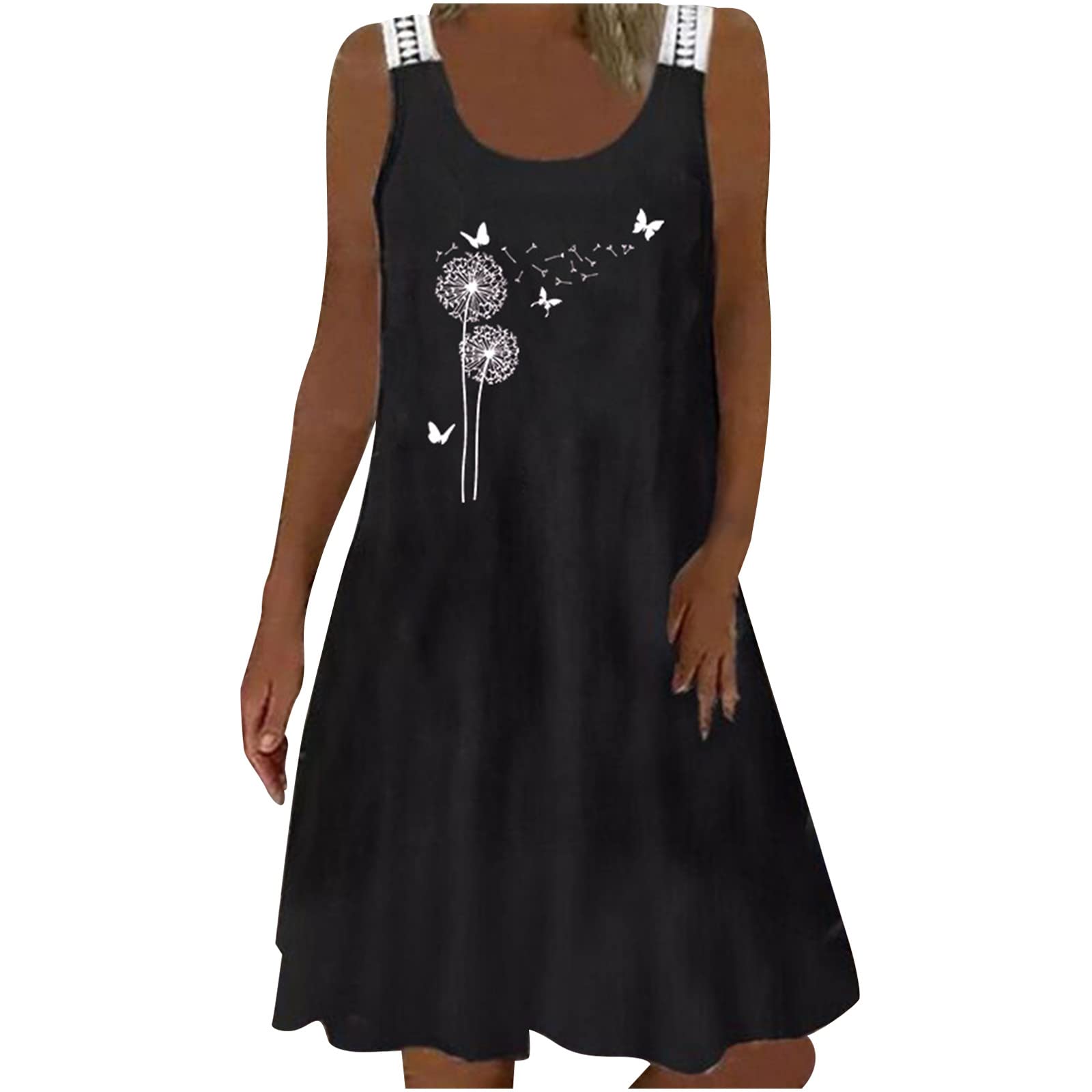 Women's Summer Casual Dress - Boat Neck Sleeveless Flowy Dress with Dandelion Print, Loose Comfortable Sundress for Beach, Vacation & Outdoor Activities