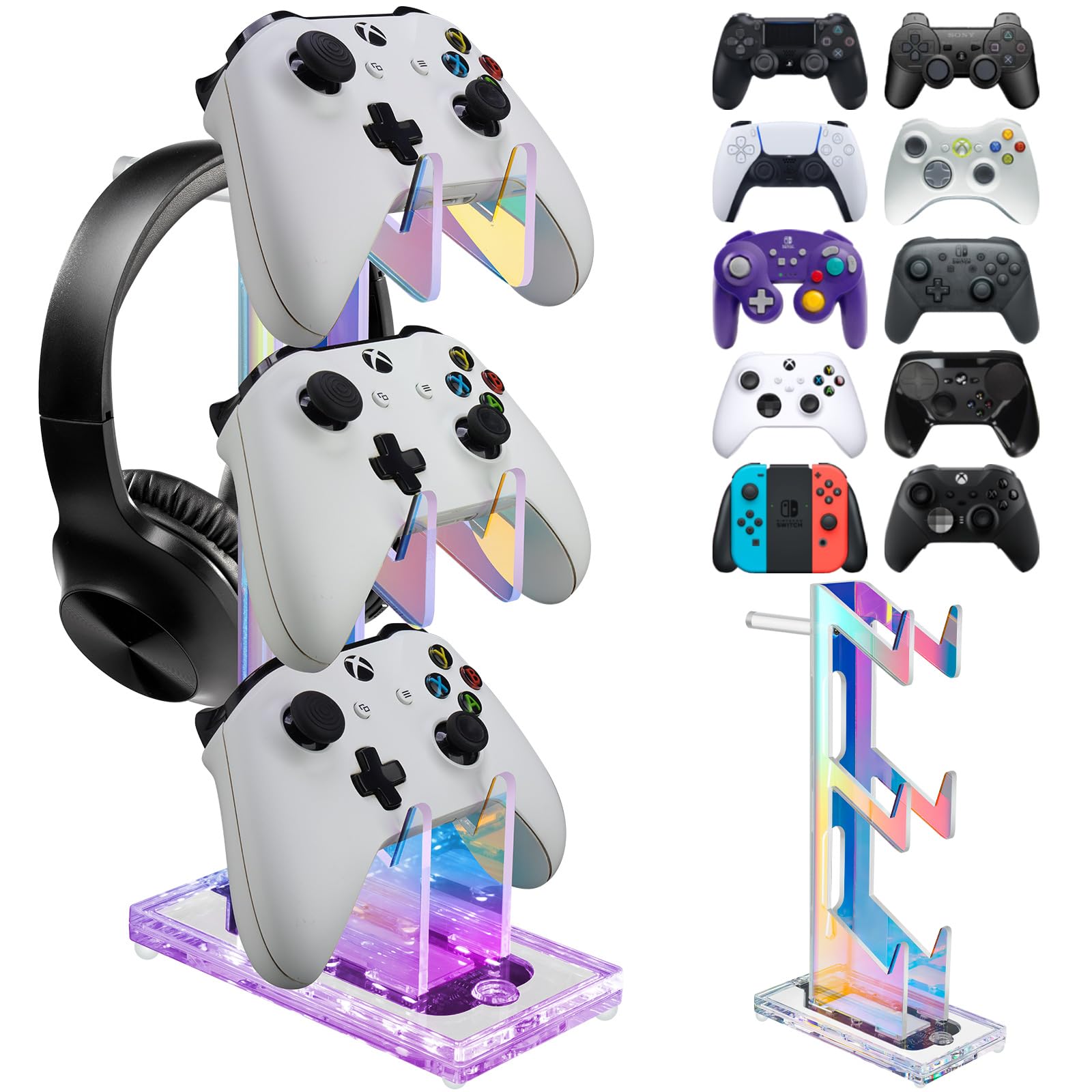 NiHome Iridescent Acrylic Multi-Tier Game Controller & Headset Holder Stand with Customizable LED Lighting - USB-Powered 7 Colors & 3 Modes, Anti-Slip Gaming Desk Organizer & Cable Management (3 Tiers) - Perfect for PS5, Xbox, Switch & PC Gaming Setup Accessories