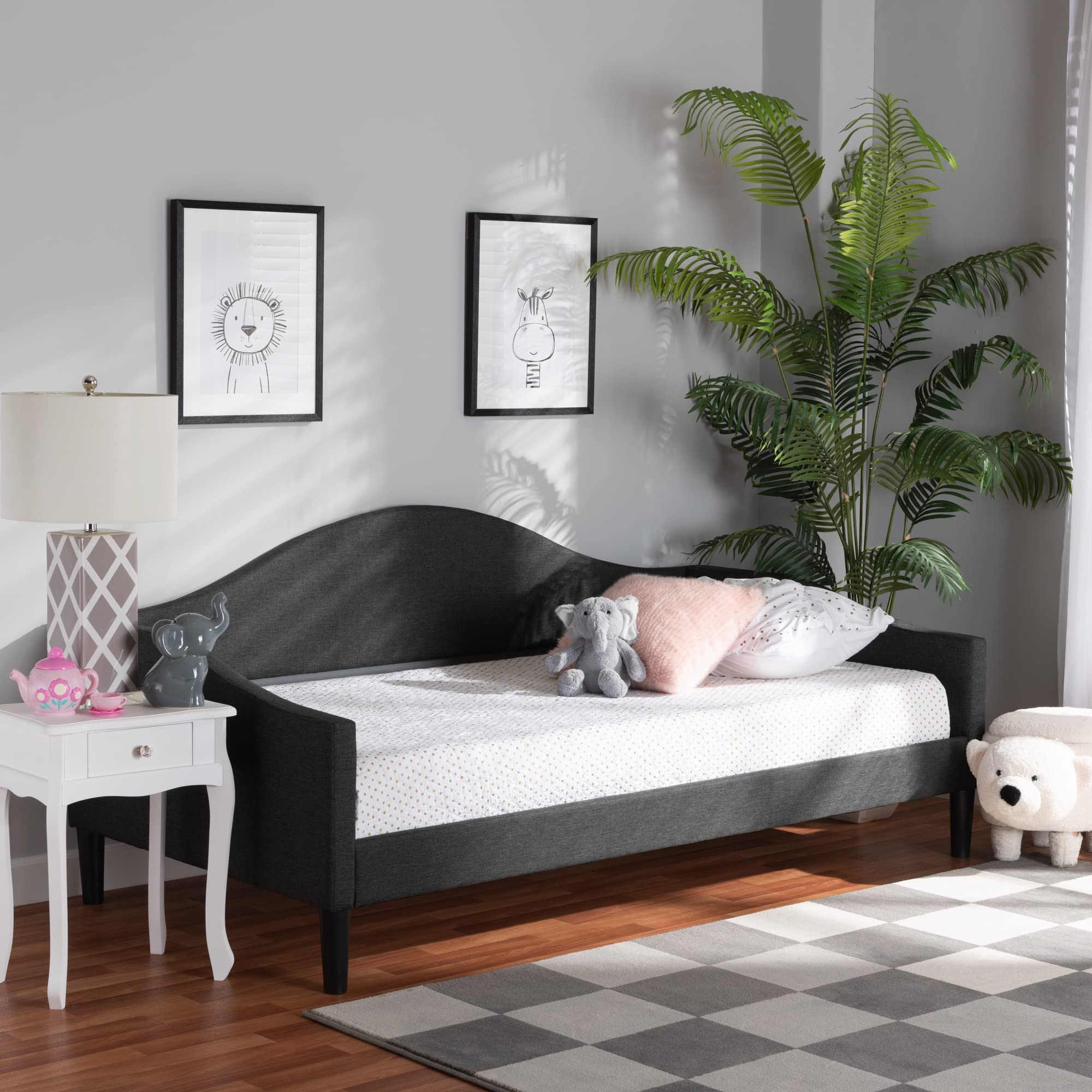 Baxton Studio Milligan Modern Charcoal Fabric Upholstered Twin Daybed with Dark Brown Wood Frame - Perfect for Guest Rooms, Small Spaces & Contemporary Home Decor
