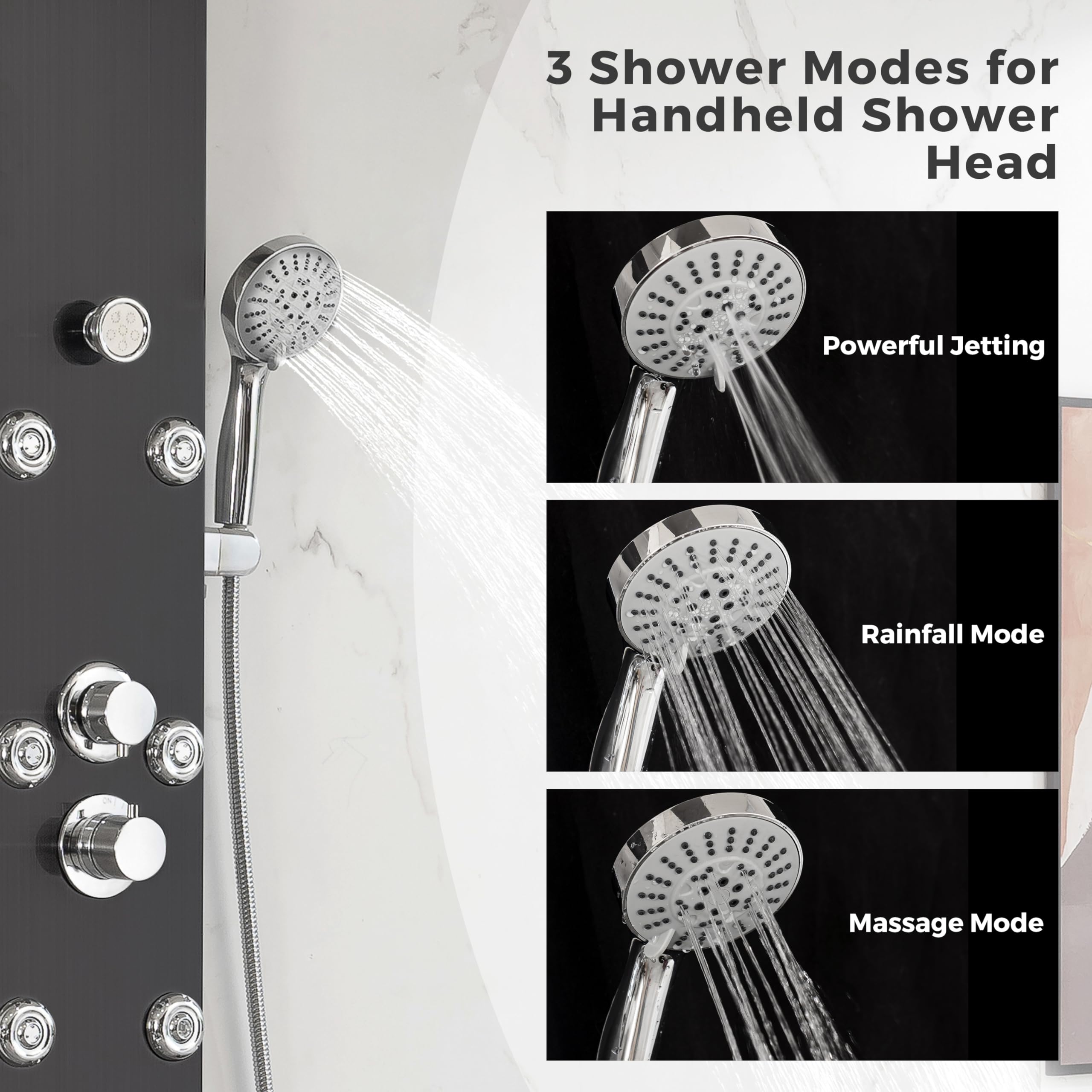 DELAVIN Stainless Steel Shower Panel Tower System - 5-Function Full Body Shower with Rainfall, Waterfall, Massage Jets, Tub Spout & Handheld Showerhead in Brushed Black | Perfect for Luxury Bathroom Renovation, Spa-Like Experience & Modern Home Upgrades