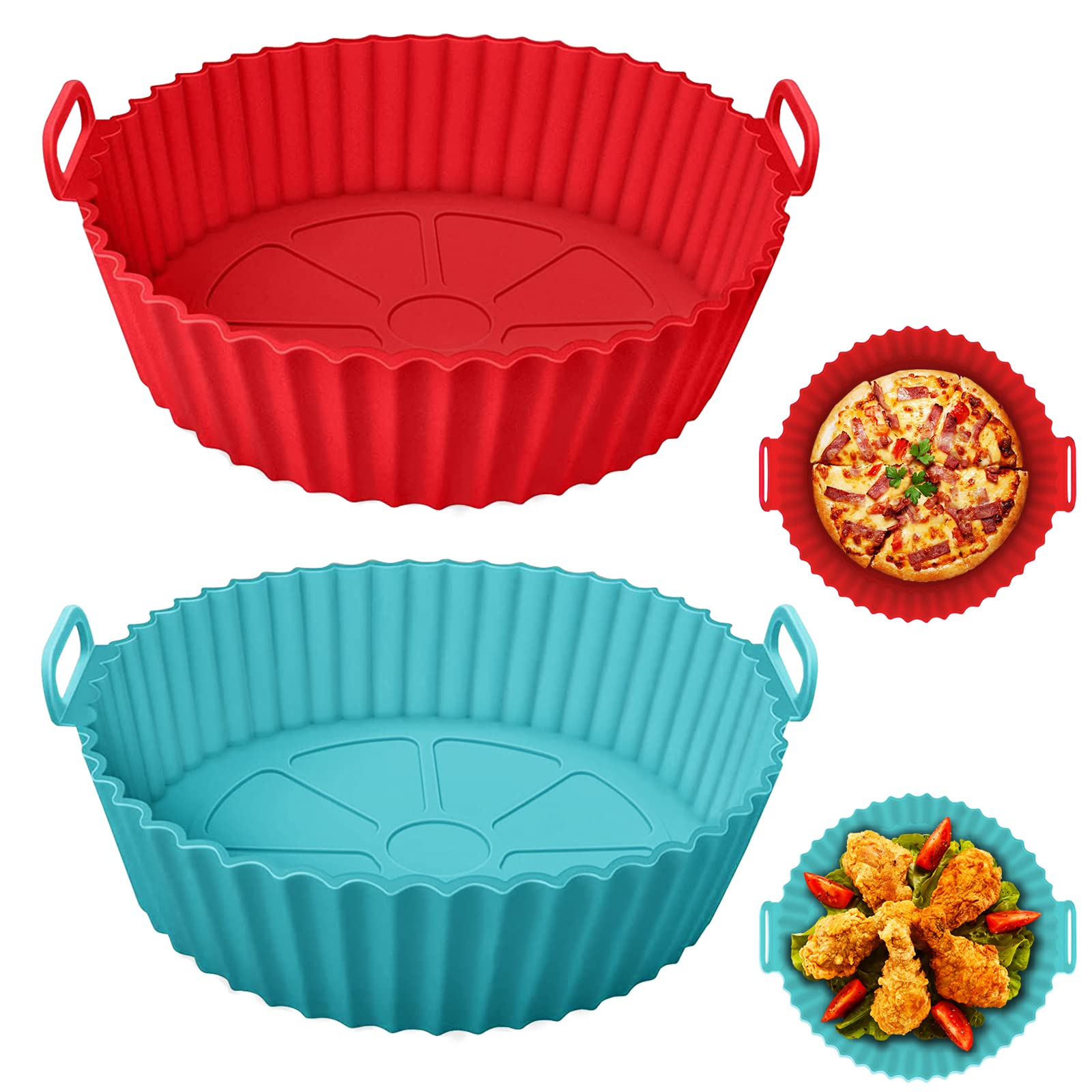 2 Pack 8 Inch Reusable Silicone Air Fryer Liners - Non-Stick Round Basket for 3-7 QT Air Fryers, Ovens & Microwaves (Red + Blue) - Perfect for Baking, Roasting & Healthy Cooking