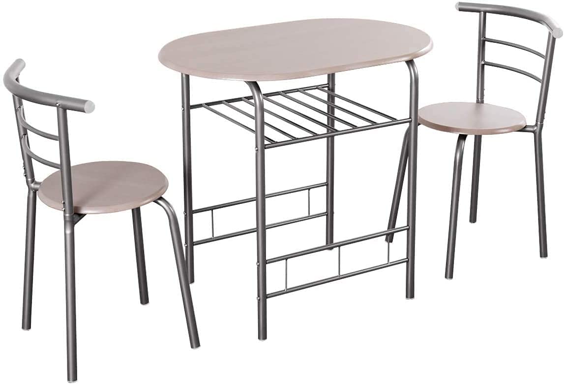 Renatone 3-Piece Round Dining Table Set with 2 Chairs - Sturdy Metal Frame & Storage Shelf - Compact Space Saving Design for Kitchen, Dining Room, Outdoor Bar, Patio or Small Apartment - Silver & Natural Wood Finish