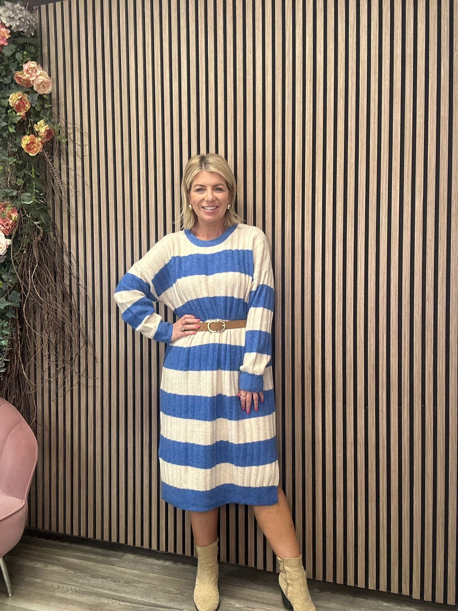 Coryne Women's Jumper Dress - Blue Denim & Beige Casual Pinafore Dress for Spring, Fall & Everyday Wear | Perfect for Work, Dates & Outings