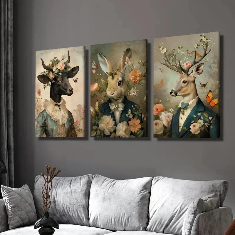 3-Piece 2D Victorian Animal Portraits Wall Art Set - Framed Canvas 40x60cm (16x24in) | High Quality Print | 100% Australian Made | Ready to Hang | Perfect for Living Room, Bedroom or Office Decor