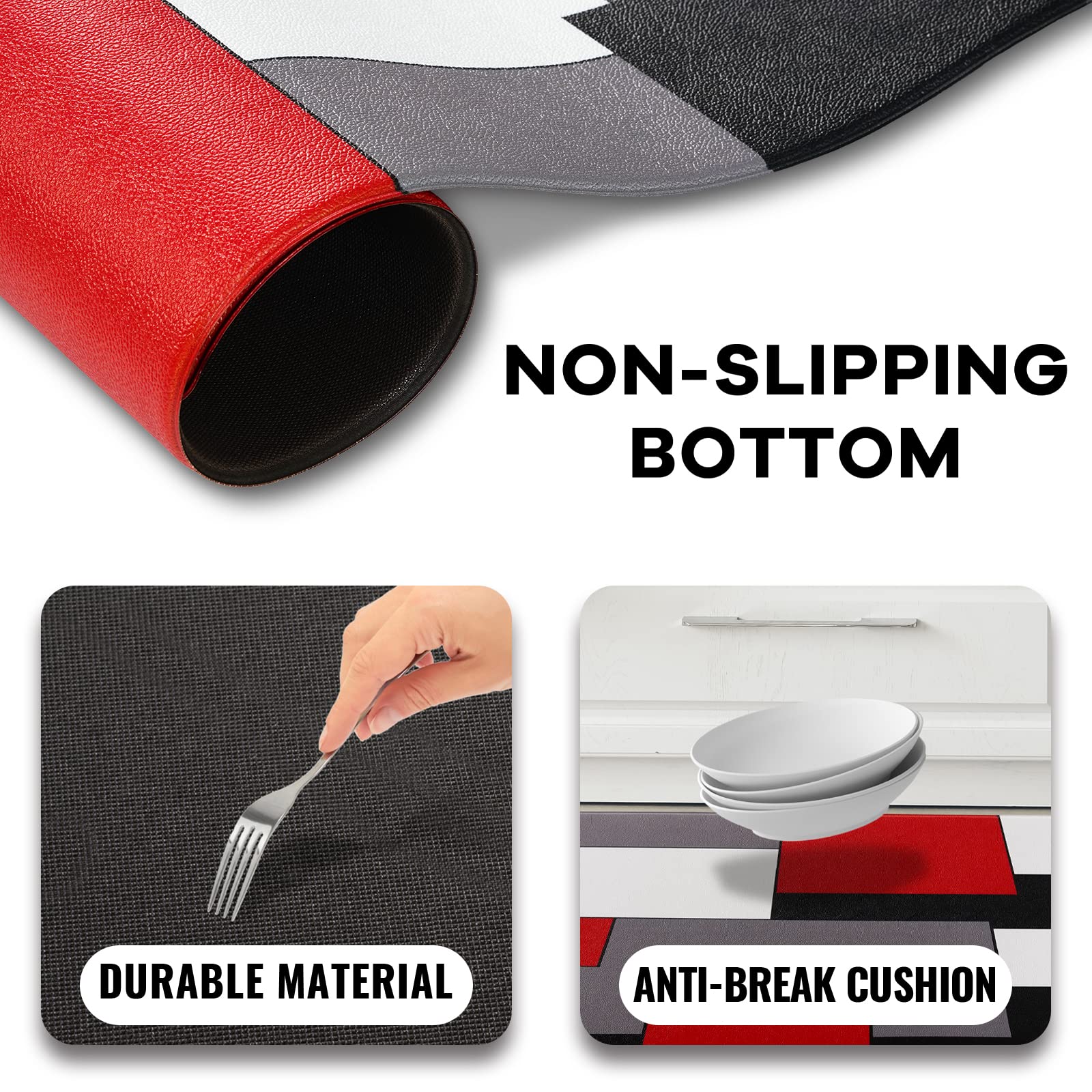 AILUER 2-Piece Red and Grey Abstract Geometric Kitchen Rugs Set - Non-Slip Waterproof Floor Mats for Kitchen, Office & Laundry (17.5