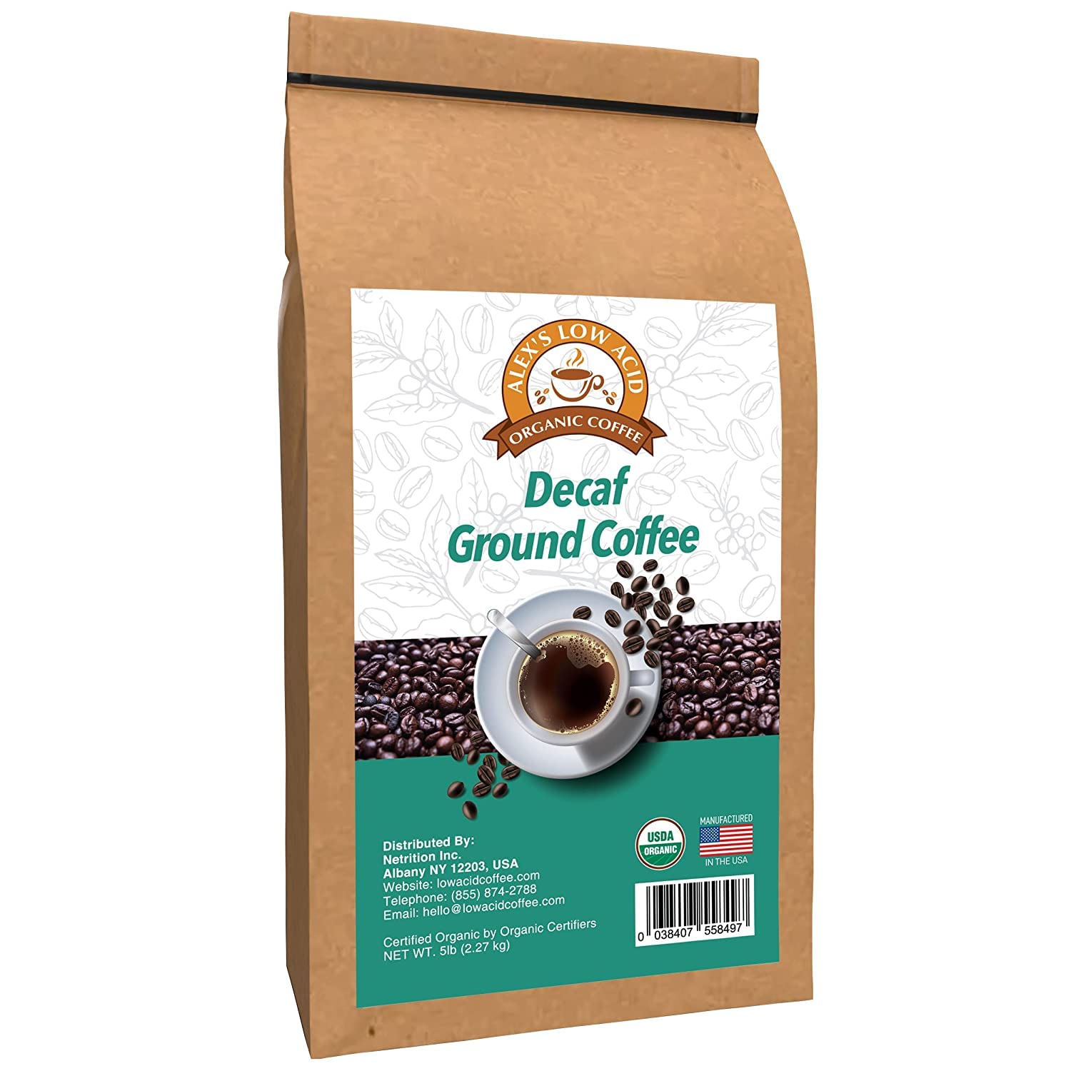 Organic Low Acid Decaf Coffee - Fresh Ground 5lb Bag for Sensitive Stomachs | Perfect for Morning Brew & Nighttime Relaxation