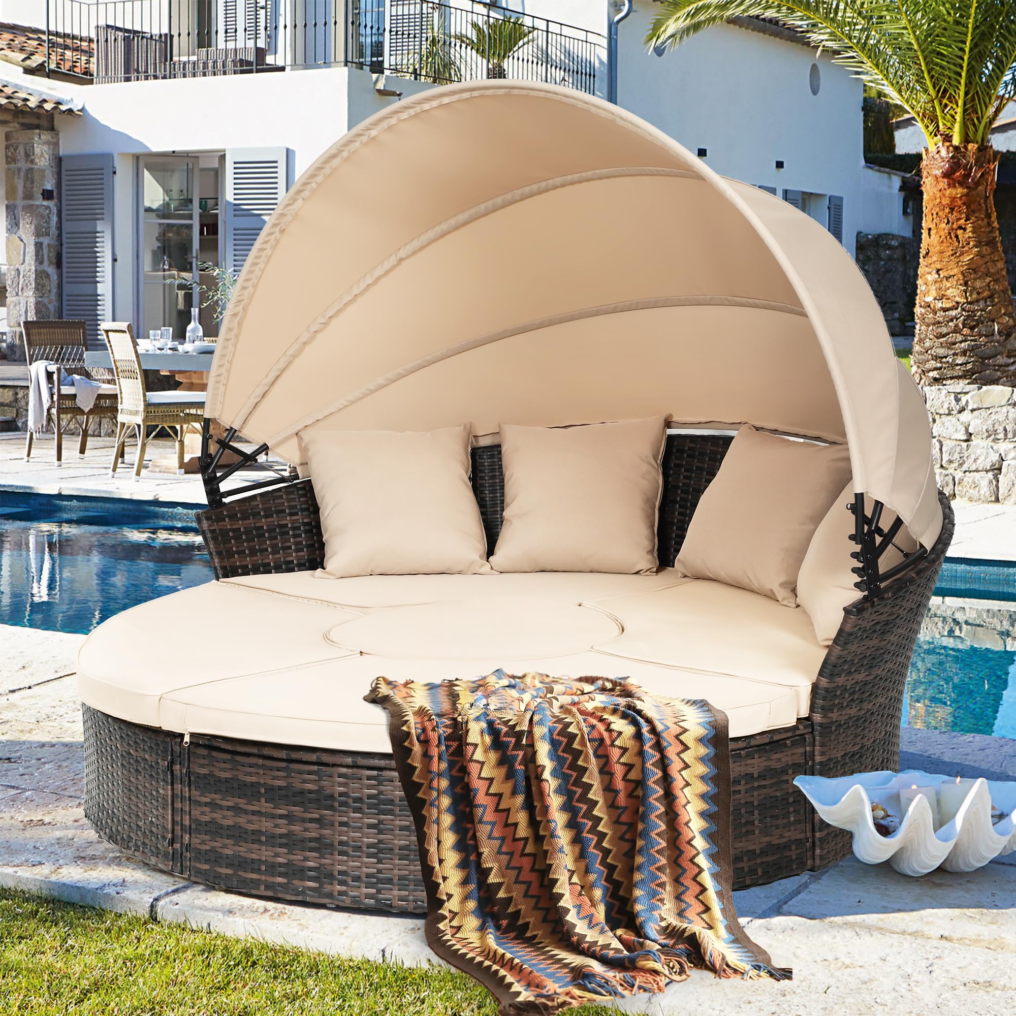 Outdoor Patio Round Daybed with Retractable Canopy - Adjustable Clamshell Sectional Wicker Furniture Set with Washable Cushions - Perfect for Backyard, Porch, Garden & Poolside Lounging - Brown