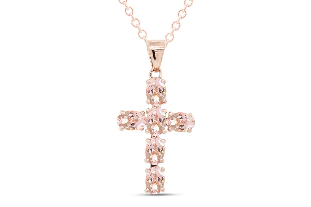 GEMVIO 2.50 Carat Oval Cut Morganite Cross Pendant Necklace - 14K Gold Over Sterling Silver, 6x4mm Gemstone Jewelry for Women | Perfect Gift for Anniversary, Wedding, Birthday & Special Occasions