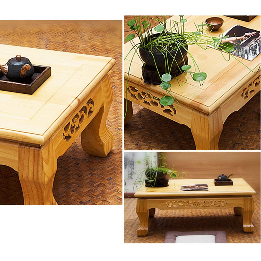 Hand-Carved Solid Wood Coffee Table - Small Rectangular Low Tatami Table for Living Room, Balcony & Bay Window - Multi-Functional Japanese Style Coffee Table for Tea Ceremony, Reading Nook & Home Decor