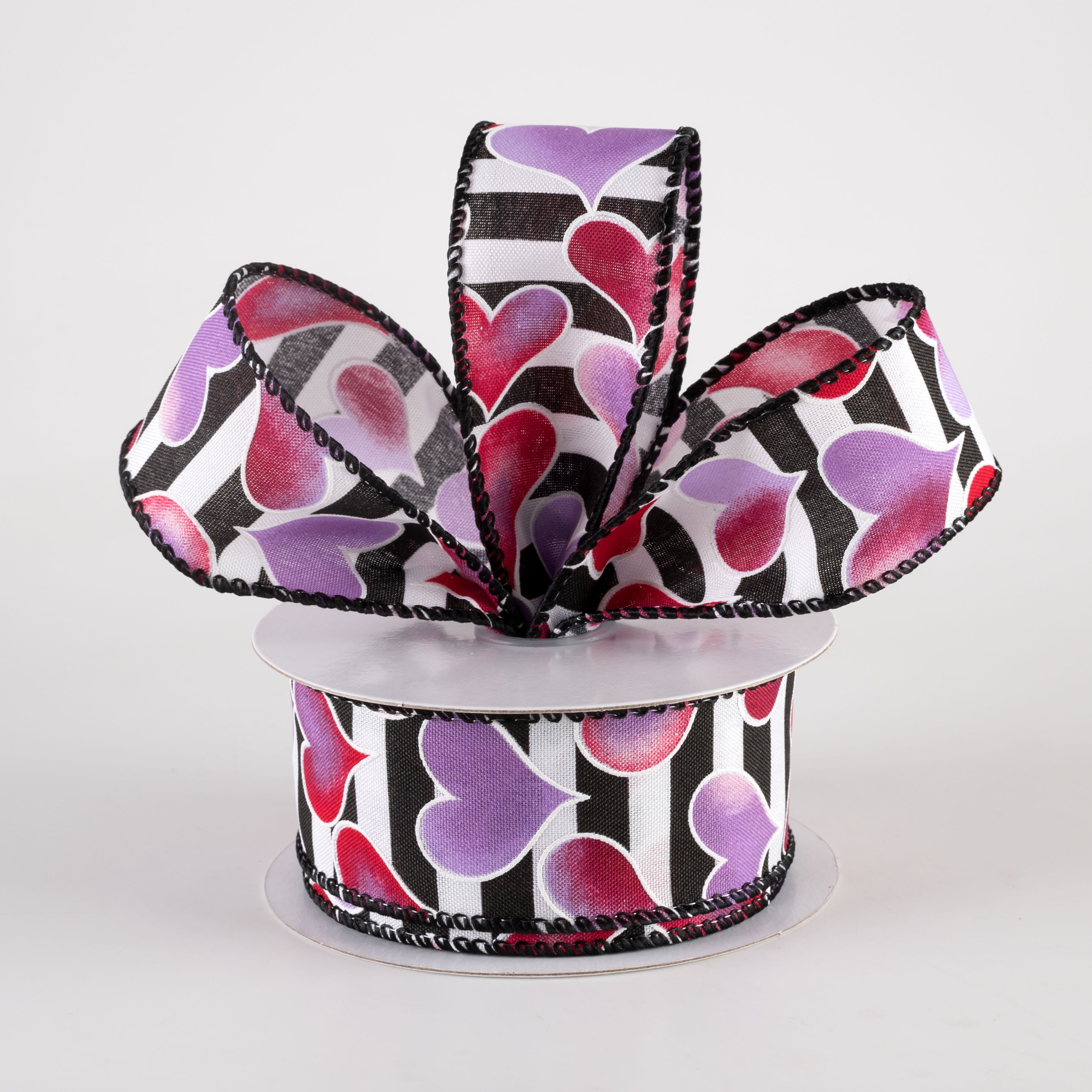 1.5 Inch Ombré Hearts Black & White Satin Stripe Ribbon - Red, Pink, Lavender (10 Yards) for Gift Wrapping, Wedding Decorations, DIY Crafts & Scrapbooking