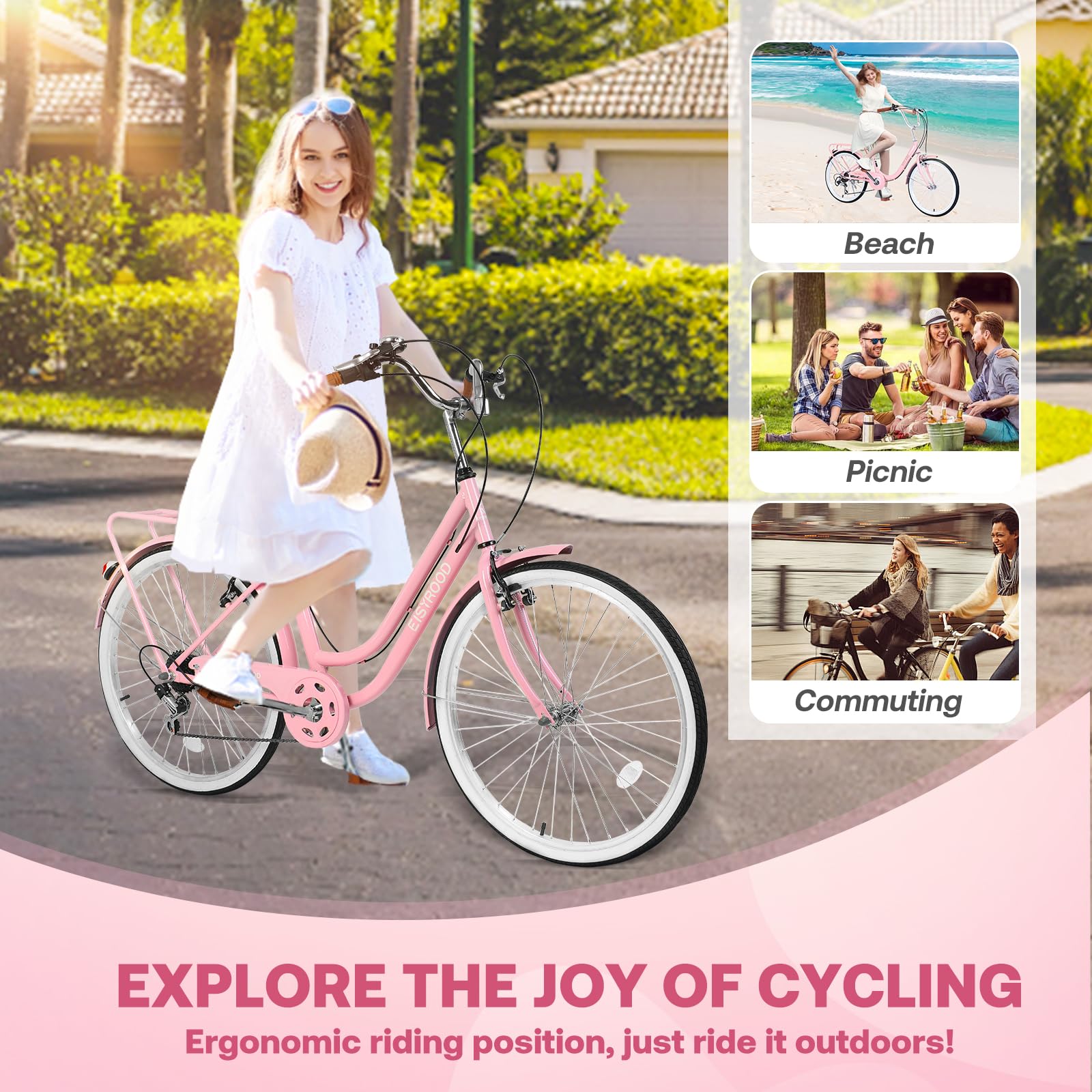 26 Inch Women's Beach Cruiser Bike - 7 Speed Hybrid Cruiser with Adjustable Seat, Lightweight Frame & Anti-Skid Tires - Perfect for Coastal Rides, Commuting & Leisure Cycling