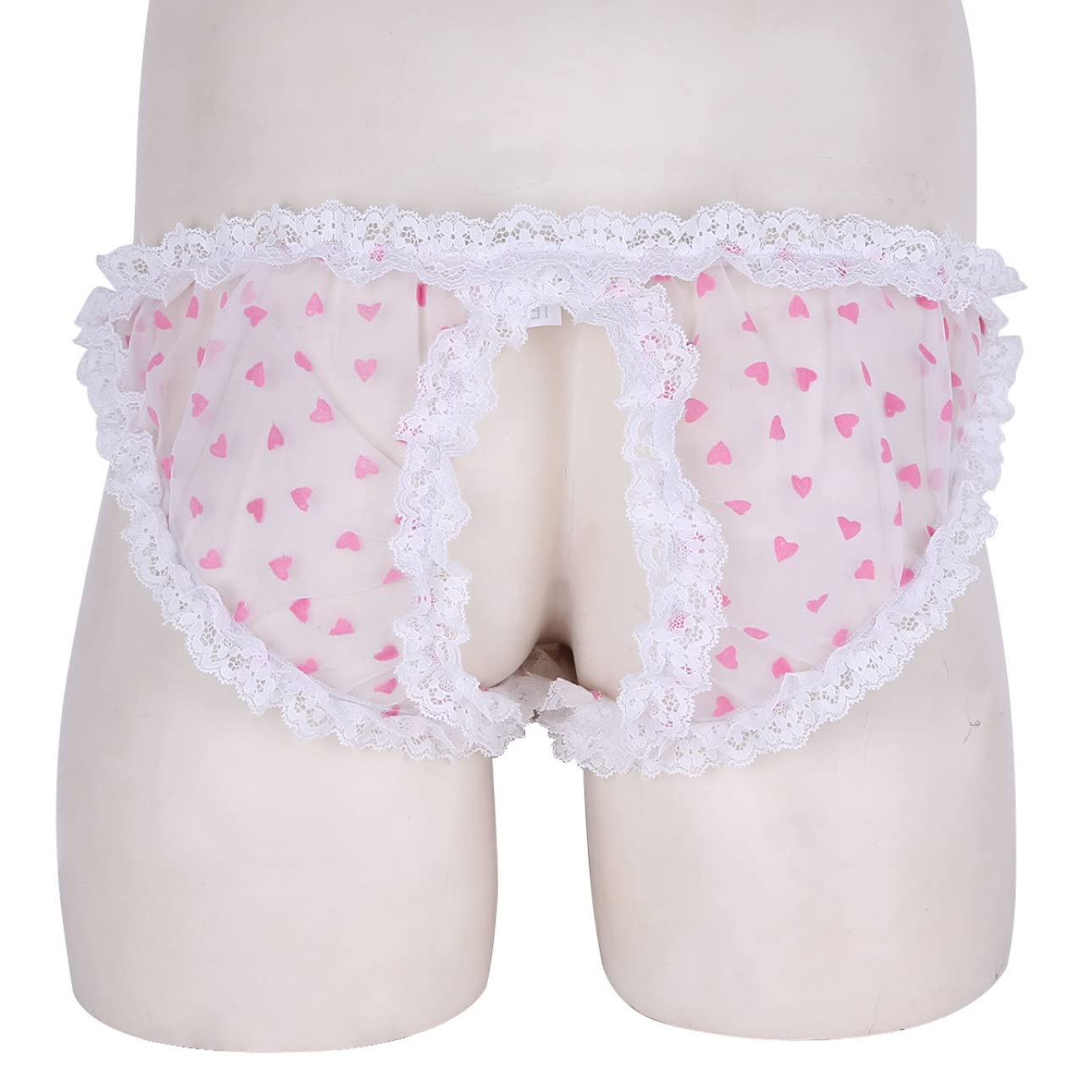 Men's Sheer Lace Panties with Heart Print - Crossdress Lingerie, Ruffled Bikini Briefs for Sissy & Gay Underwear - Perfect for Role Play, Cosplay and Special Occasions