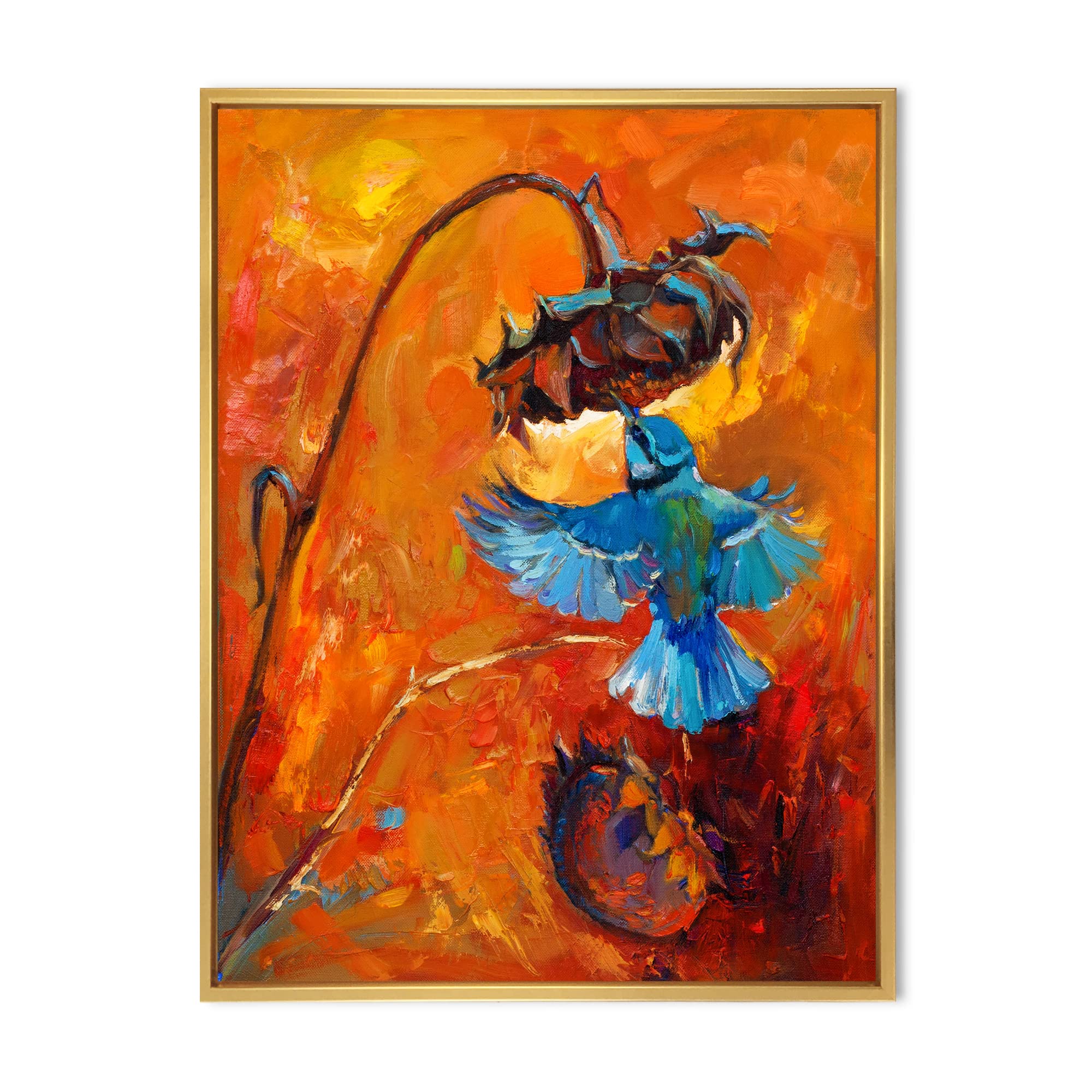 Blue Hummingbird on Orange - Traditional Framed Canvas Wall Art Print - Home & Office Decor, Living Room Bedroom Wall Decor, Unique Gift Idea
