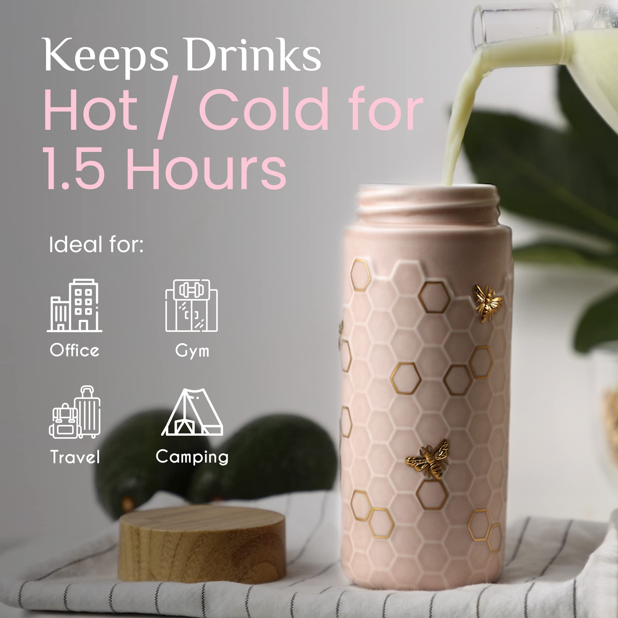 ACERA Liven Honey Bee Ceramic Travel Mug - 16oz Insulated Tumbler with Leak-Proof Lid, Double-Walled Ceramic Coffee Cup for Tea, Juice & Hot/Cold Drinks - Pink & Gold Design - Perfect for Office, Travel & Outdoor Activities