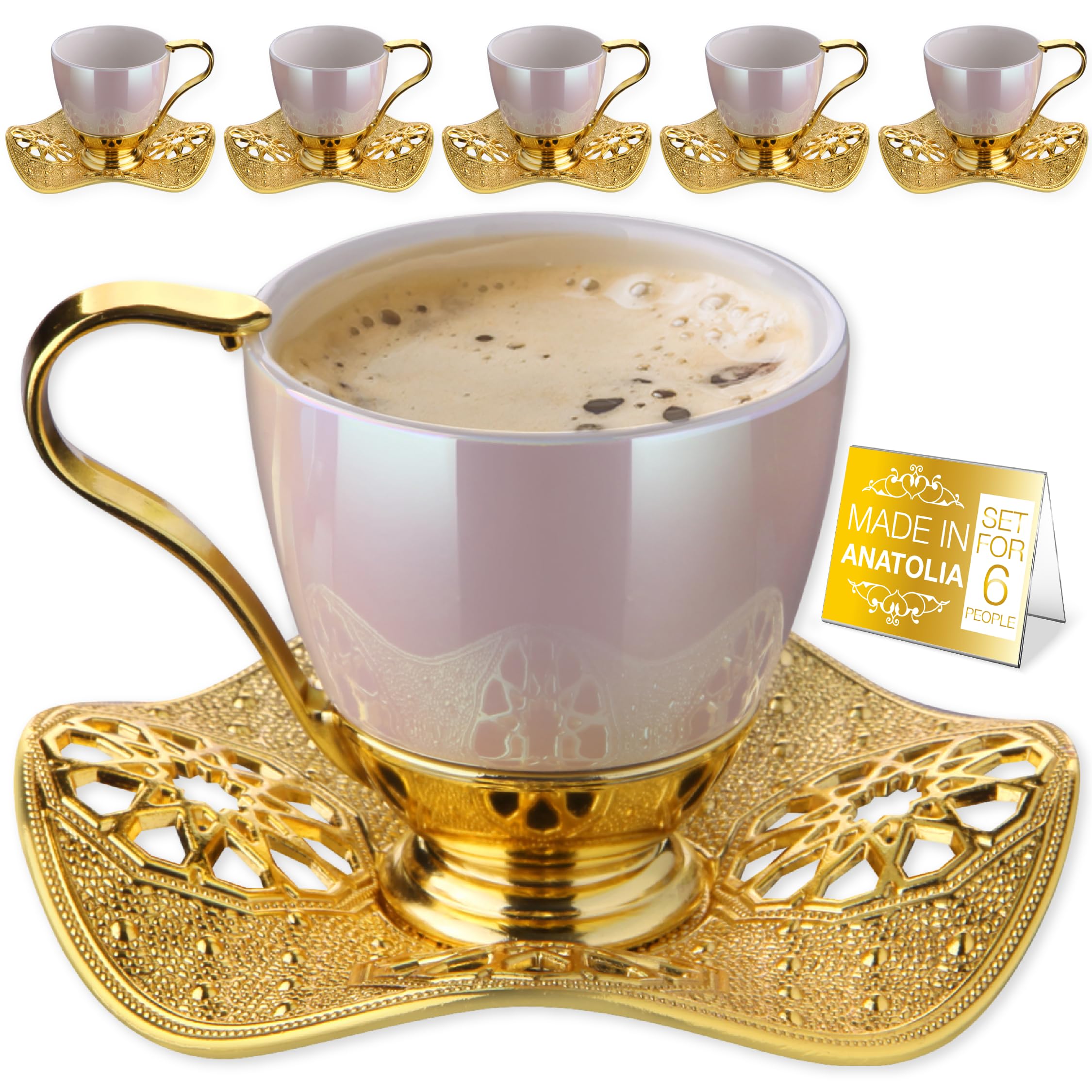Premium Turkish Coffee Cup Set - 6 Elegant 3 oz Porcelain Mugs with Gold Handles & Wavy Saucers - Greek Arabic Espresso Tea Set (Pearl & Gold, 18-Piece, 88cc) - Perfect for Home Cafes, Gift Giving & Traditional Coffee Ceremonies