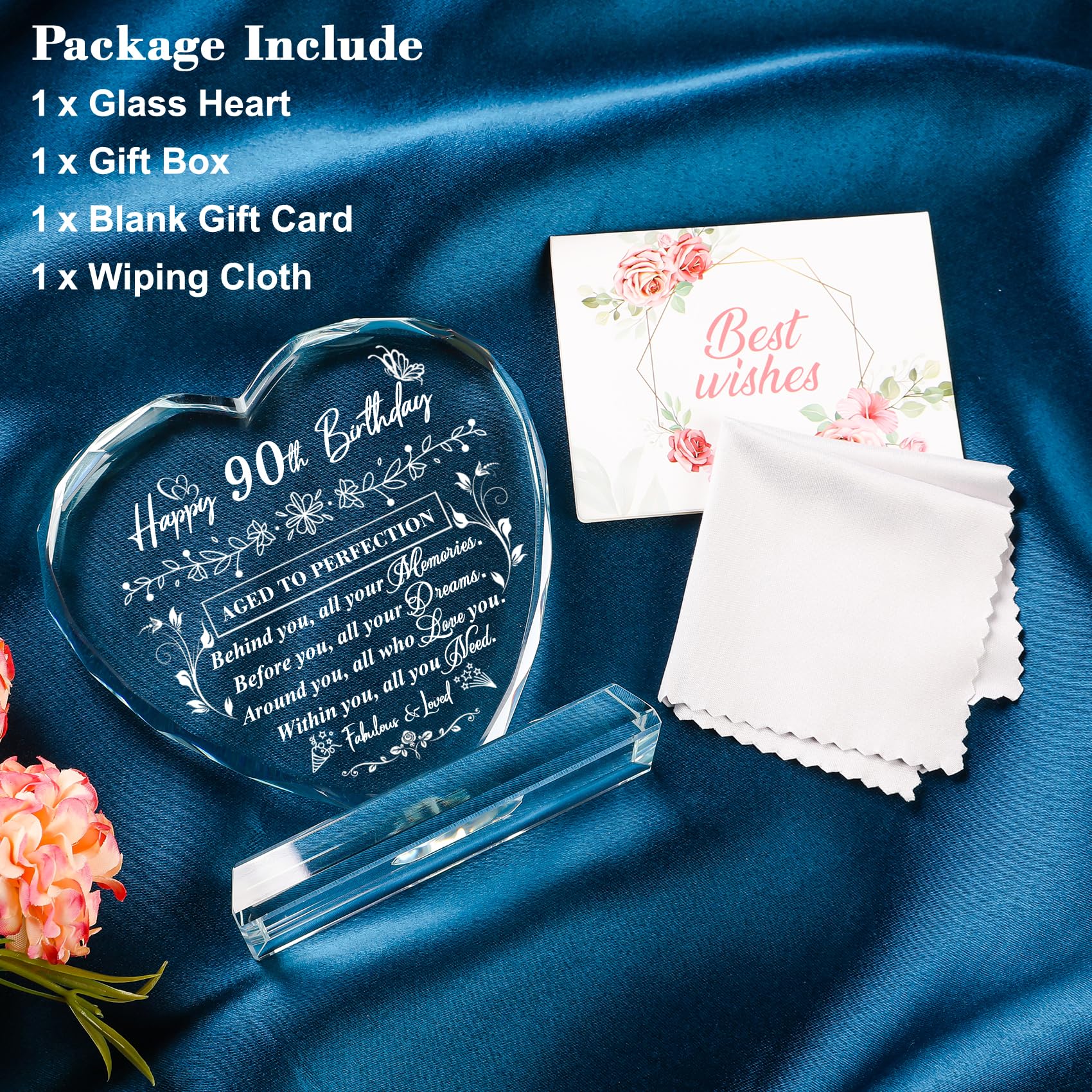 90th Birthday Gifts for Women & Men - Laser Engraved Glass Heart Keepsake - Unique 90th Birthday Decor for Husband, Wife, Mom, Dad & Friends - Perfect for Milestone Celebrations, Anniversaries & Retirement Parties